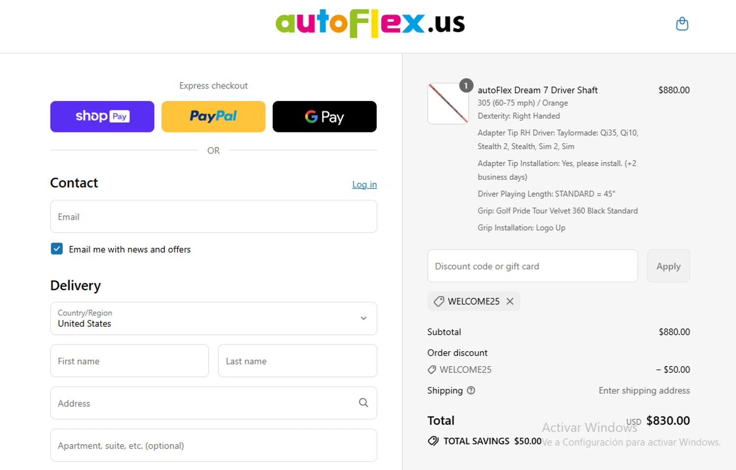 autoFlex.us promo code screenshot showing code WELCOME25 applied at autoFlex.us checkout page. Uploaded by SimplyCodes community member Gary_23 on Jul 14, 2025