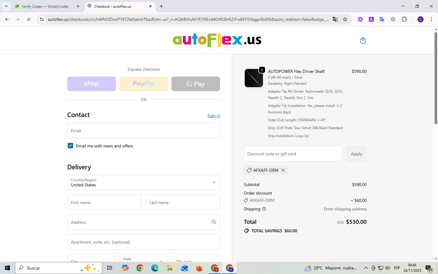 autoFlex.us promo code screenshot showing code AFXAFF-DEM applied at autoFlex.us checkout page. Uploaded by SimplyCodes community member Elvistrofia on Nov 24, 2025