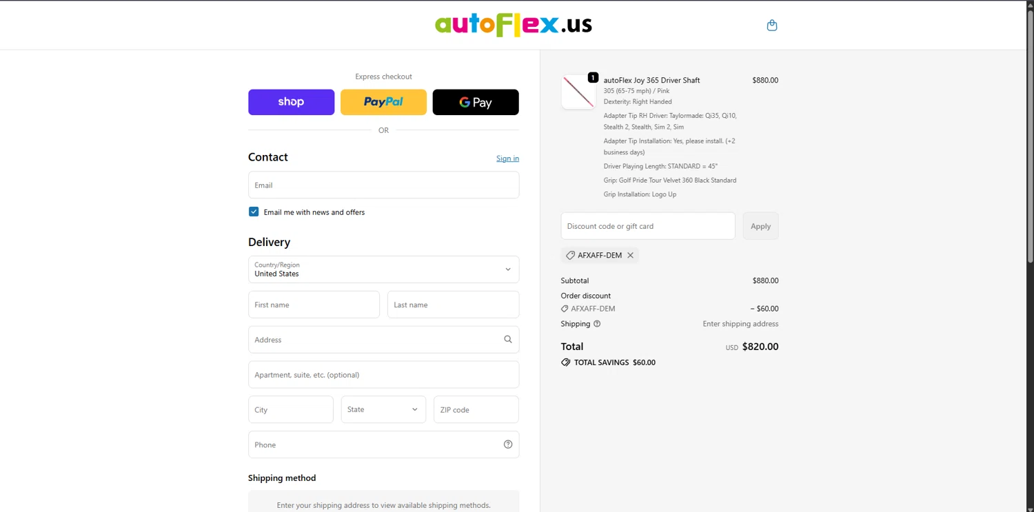 autoFlex.us promo code screenshot showing code AFXAFF-DEM applied at autoFlex.us checkout page. Uploaded by SimplyCodes community member WiseSage2777 on Oct 14, 2025