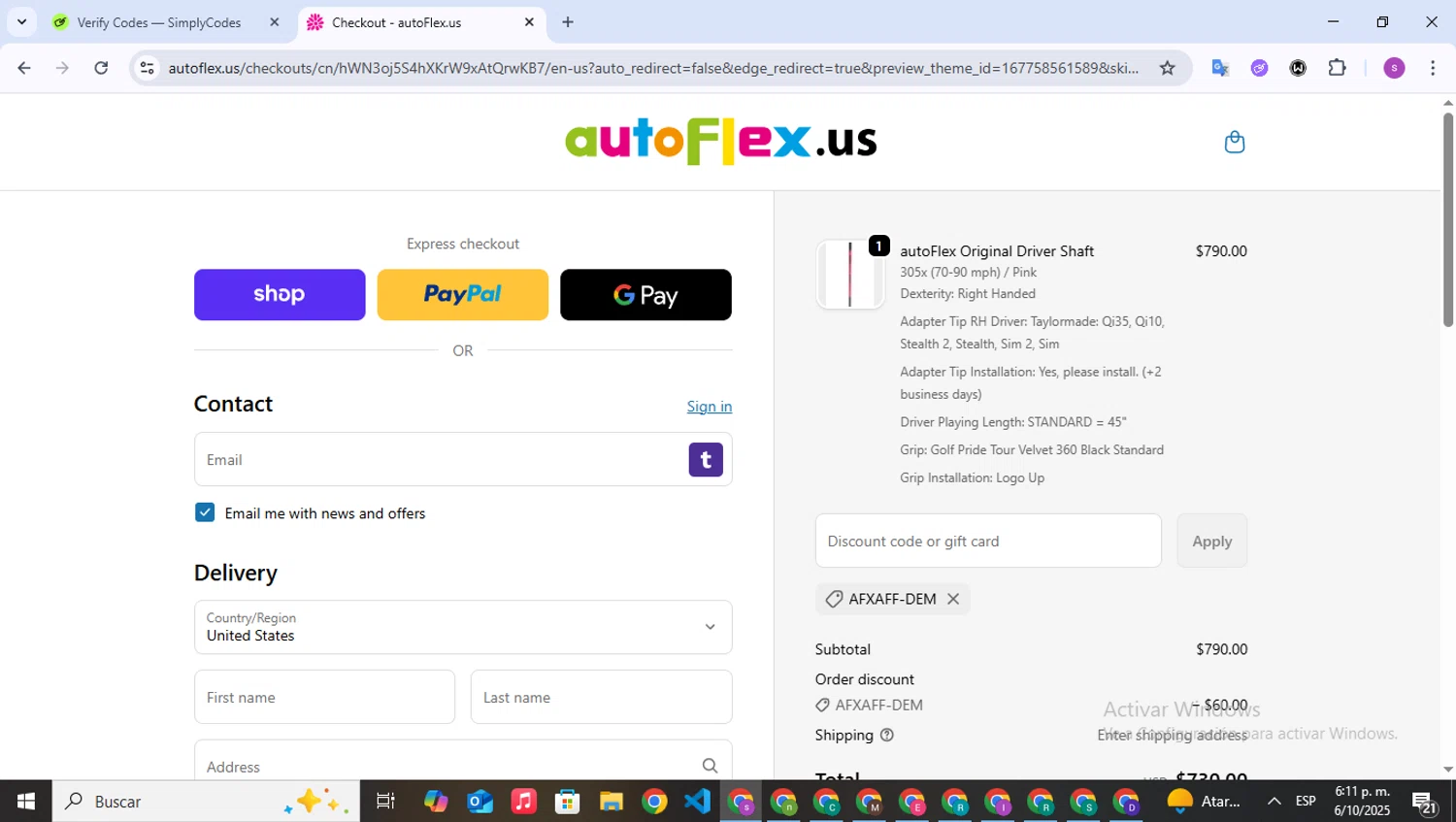 autoFlex.us promo code screenshot showing code AFXAFF-DEM applied at autoFlex.us checkout page. Uploaded by SimplyCodes community member WonderPioneer5062 on Oct 6, 2025