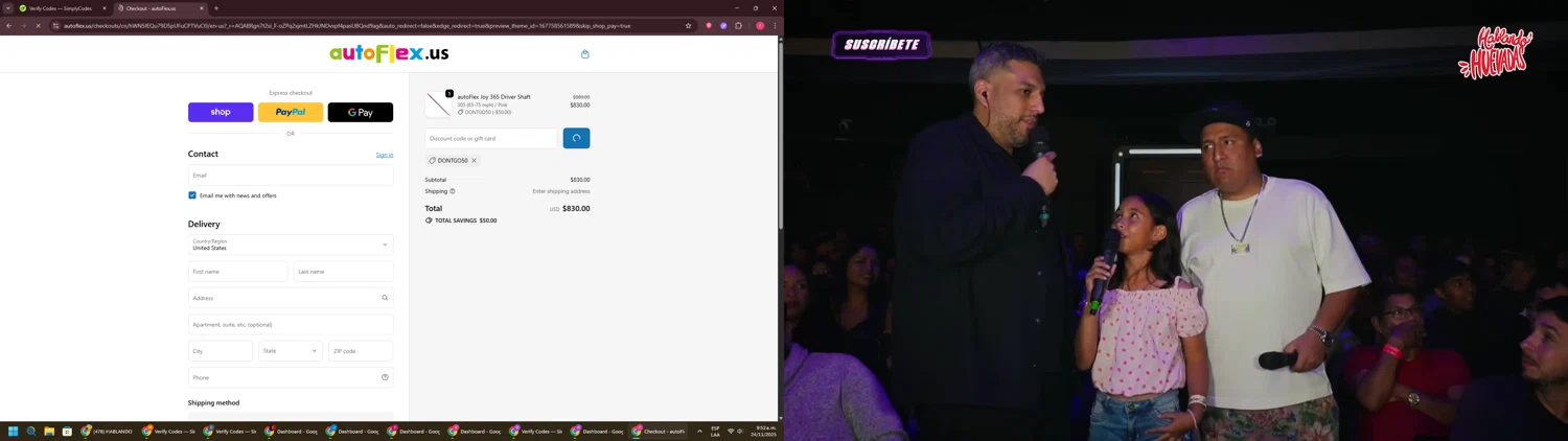 autoFlex.us promo code screenshot showing code DONTGO50 applied at autoFlex.us checkout page. Uploaded by SimplyCodes community member CouponSage7331 on Nov 24, 2025
