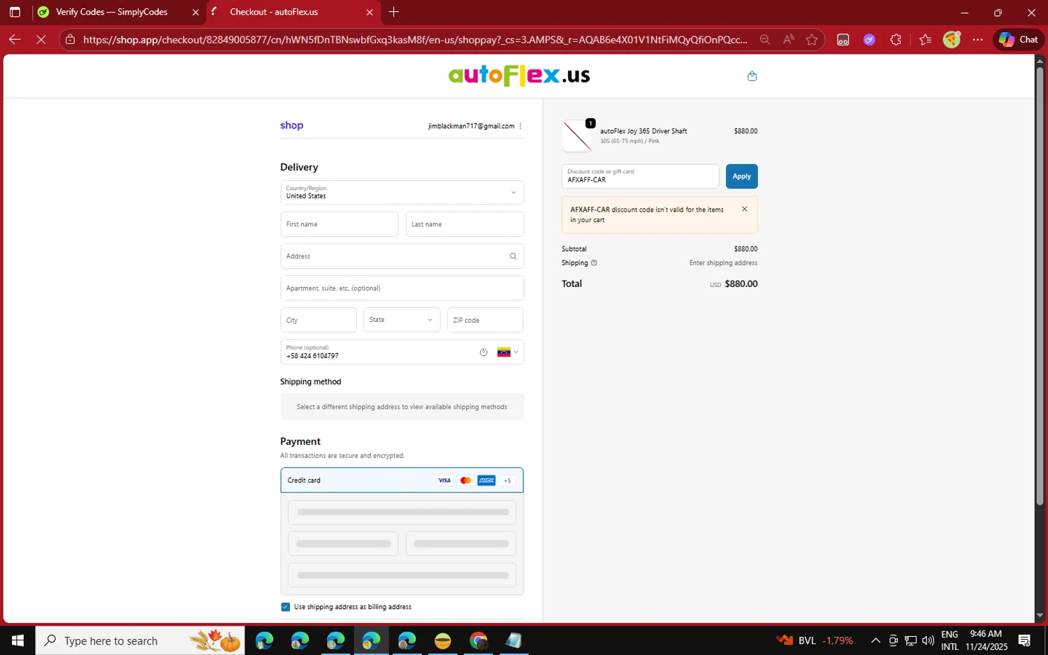autoFlex.us promo code screenshot showing code AFXAFF-CAR applied at autoFlex.us checkout page. Uploaded by SimplyCodes community member jvllsk2 on Nov 24, 2025