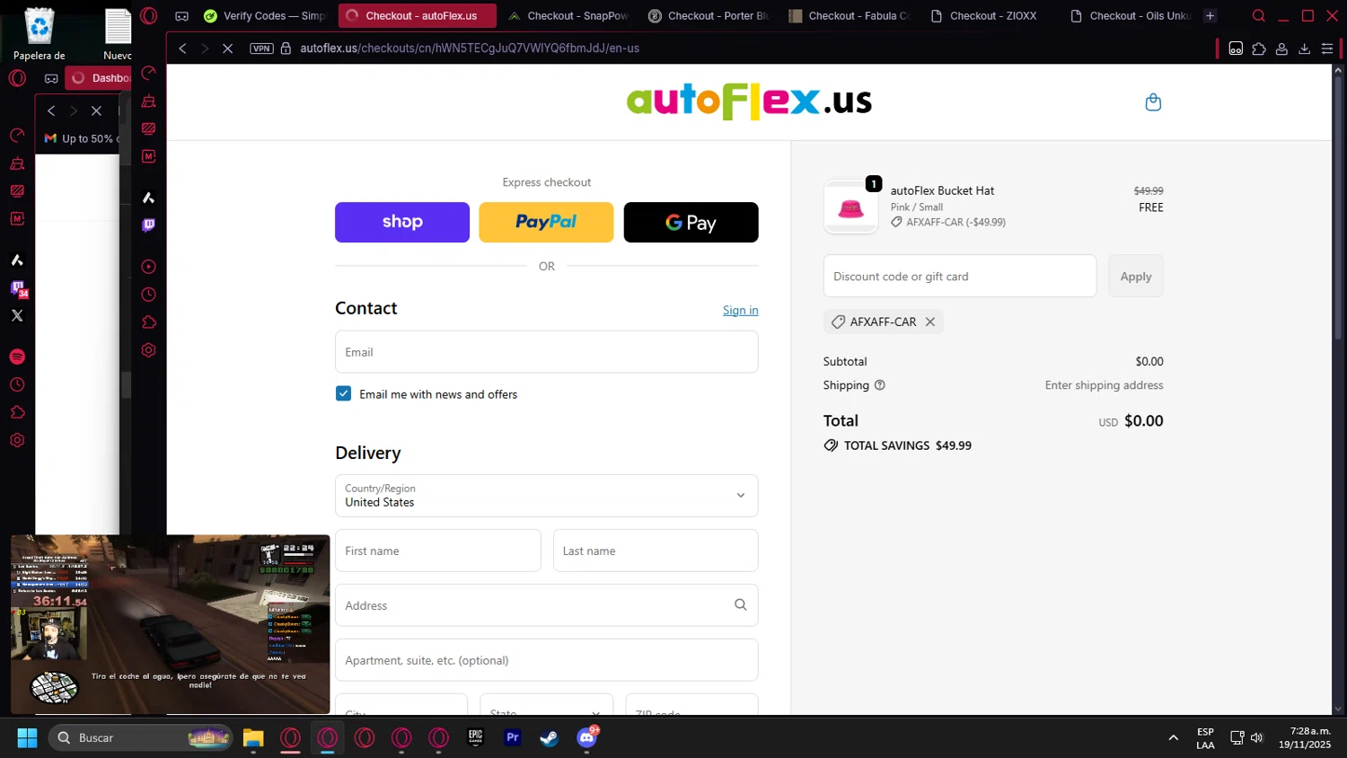 autoFlex.us promo code screenshot showing code AFXAFF-CAR applied at autoFlex.us checkout page. Uploaded by SimplyCodes community member leonardocamacho2 on Nov 19, 2025