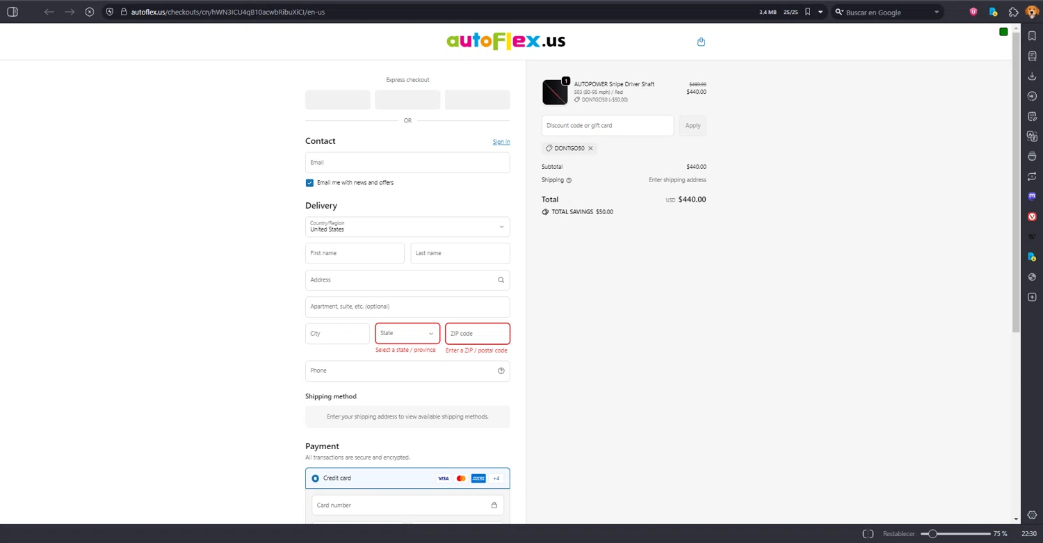 autoFlex.us promo code screenshot showing code DONTGO50 applied at autoFlex.us checkout page. Uploaded by SimplyCodes community member MRDEAL on Sep 23, 2025