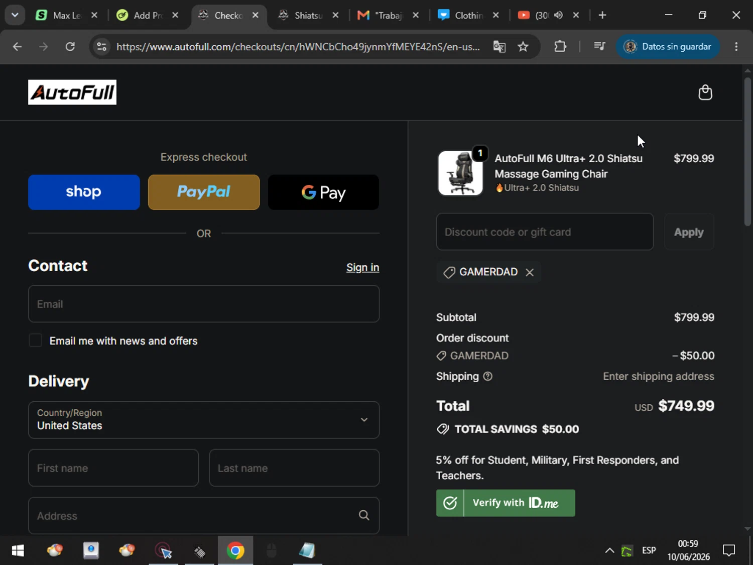 AutoFull promo code screenshot showing code GAMERDAD applied at AutoFull checkout page. Uploaded by SimplyCodes community member MarcosAranguren on Jun 10, 2026