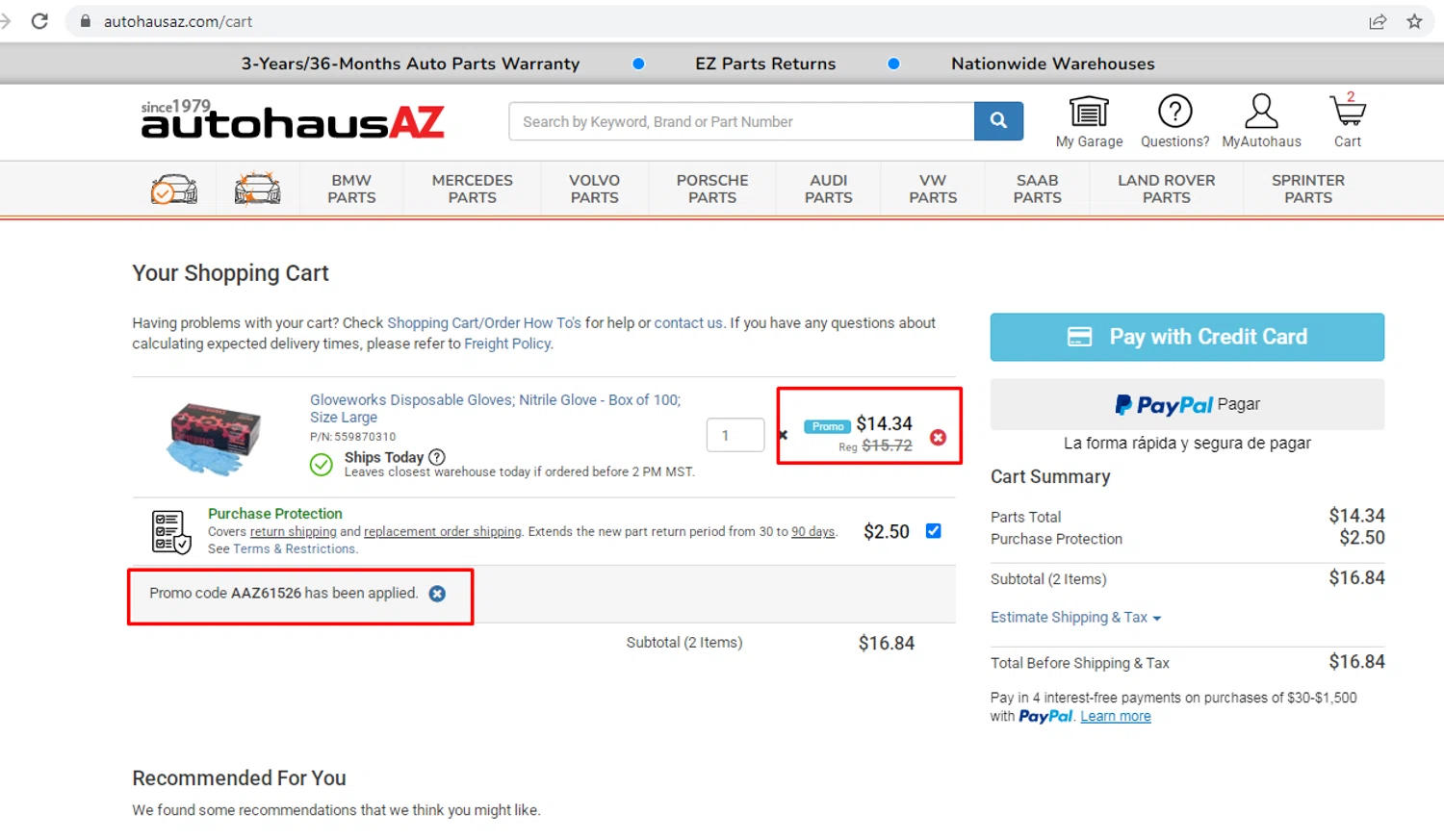 AutohausAZ promo code screenshot showing code AAZ61526 applied at AutohausAZ checkout page. Uploaded by SimplyCodes community member nileskamarcano on Jun 19, 2026