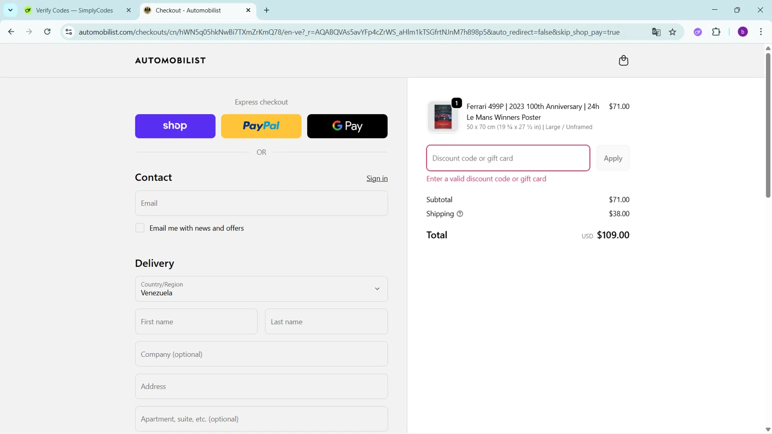 Automobilist discount code screenshot showing code AUTOMOBILIST10 applied at Automobilist checkout page. Uploaded by SimplyCodes community member RoyalSleuth2430 on Nov 29, 2025