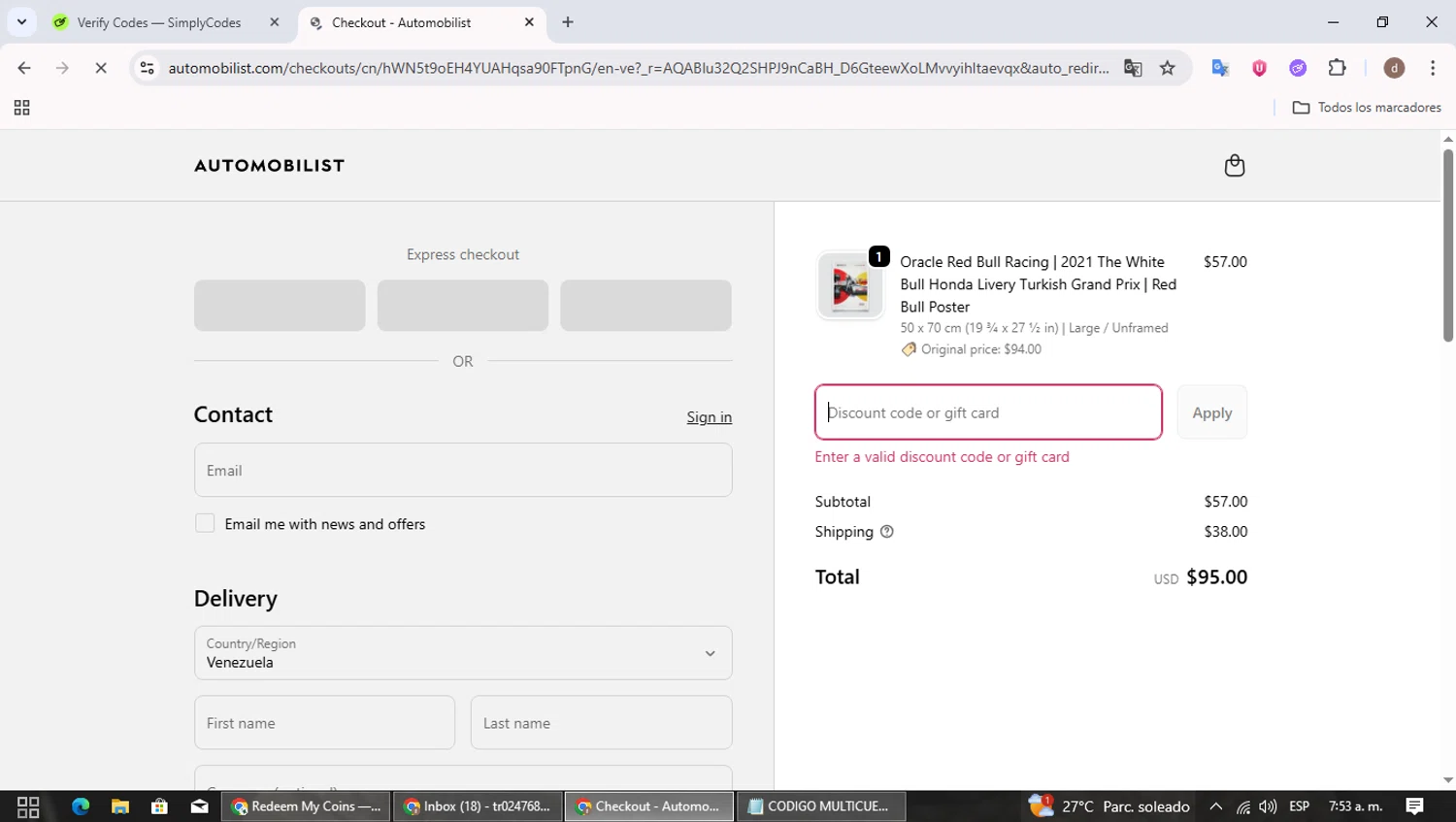 Automobilist discount code screenshot showing code FALLFLASH24 applied at Automobilist checkout page. Uploaded by SimplyCodes community member SavingsBoss991 on Nov 30, 2025