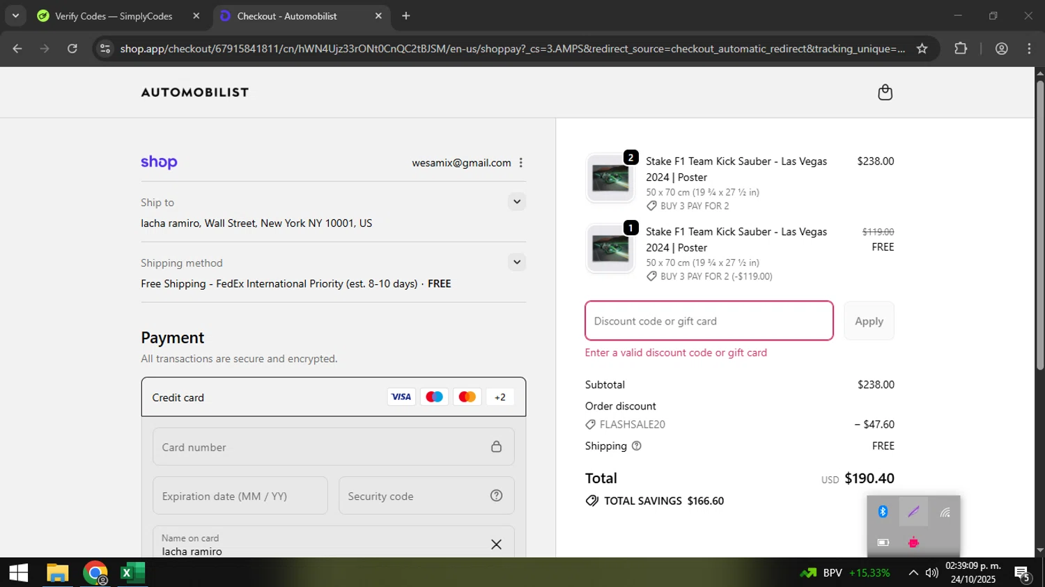 Automobilist discount code screenshot showing code 5369KND2 applied at Automobilist checkout page. Uploaded by SimplyCodes community member coder_916642691 on Oct 24, 2025