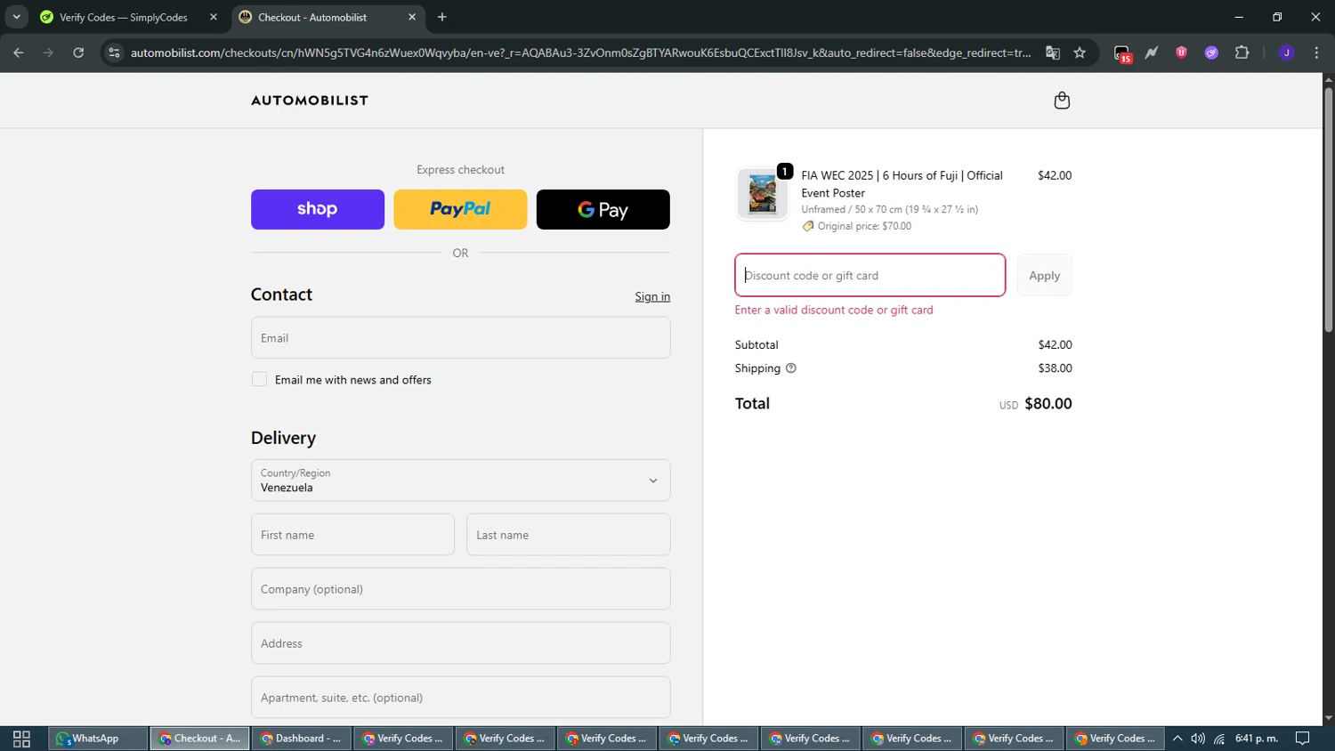 Automobilist discount code screenshot showing code 40BLACK25 applied at Automobilist checkout page. Uploaded by SimplyCodes community member WiseMaven9968 on Nov 24, 2025