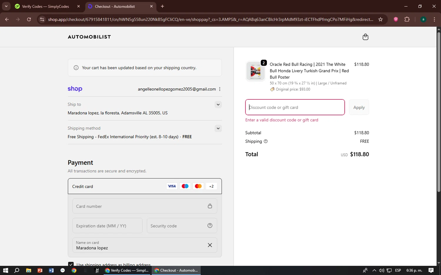 Automobilist discount code screenshot showing code 40BLACK25 applied at Automobilist checkout page. Uploaded by SimplyCodes community member zizu55 on Nov 24, 2025