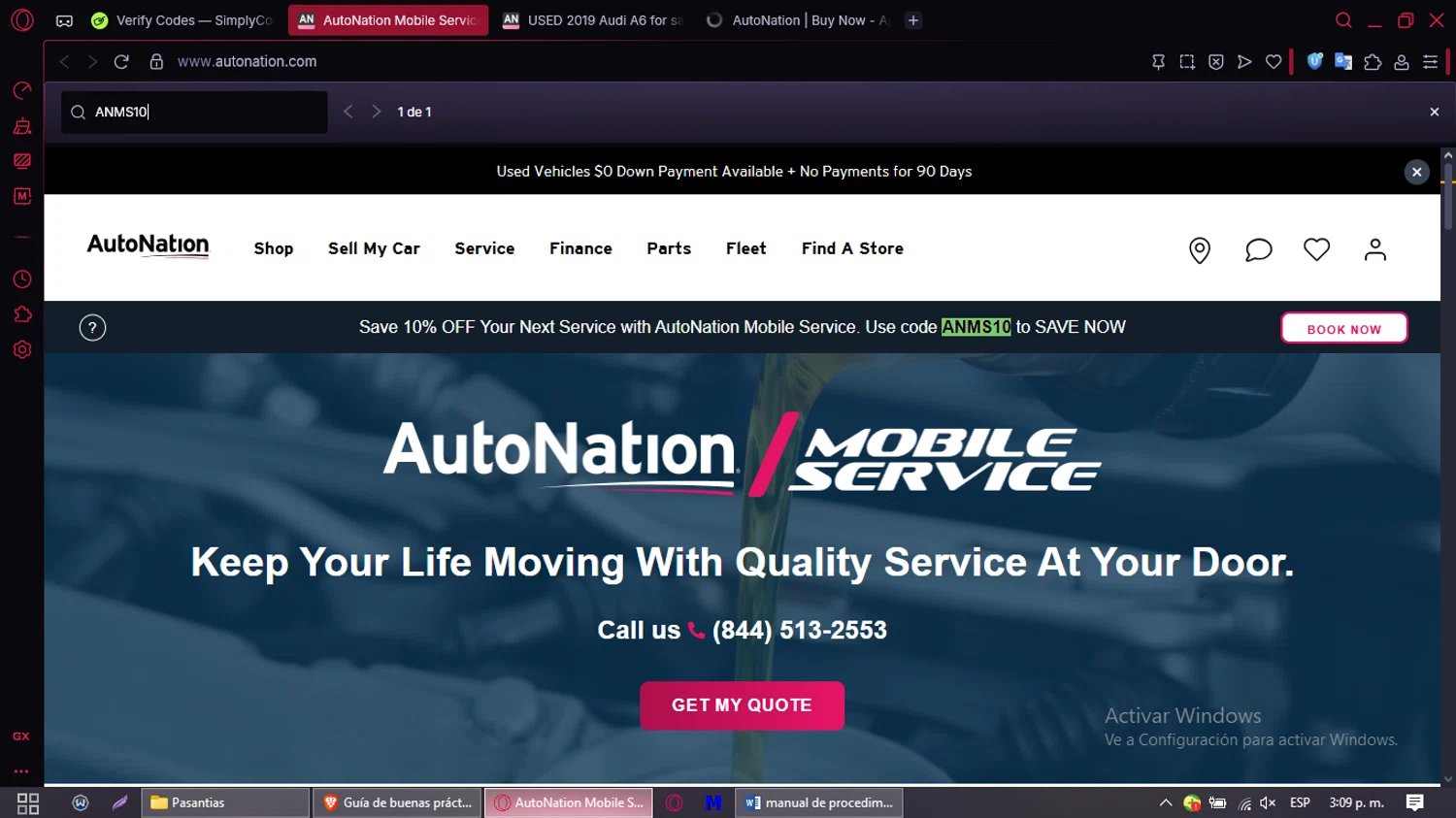 AutoNation checkout page showing AutoNation promo code box | Screenshot taken by SimplyCodes community member on Aug 19, 2025