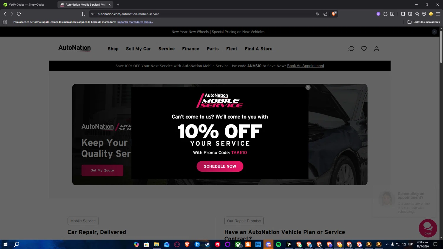 AutoNation promo code screenshot showing code ANMS10 applied at AutoNation checkout page. Uploaded by SimplyCodes community member RickelHumilde on Jan 16, 2026