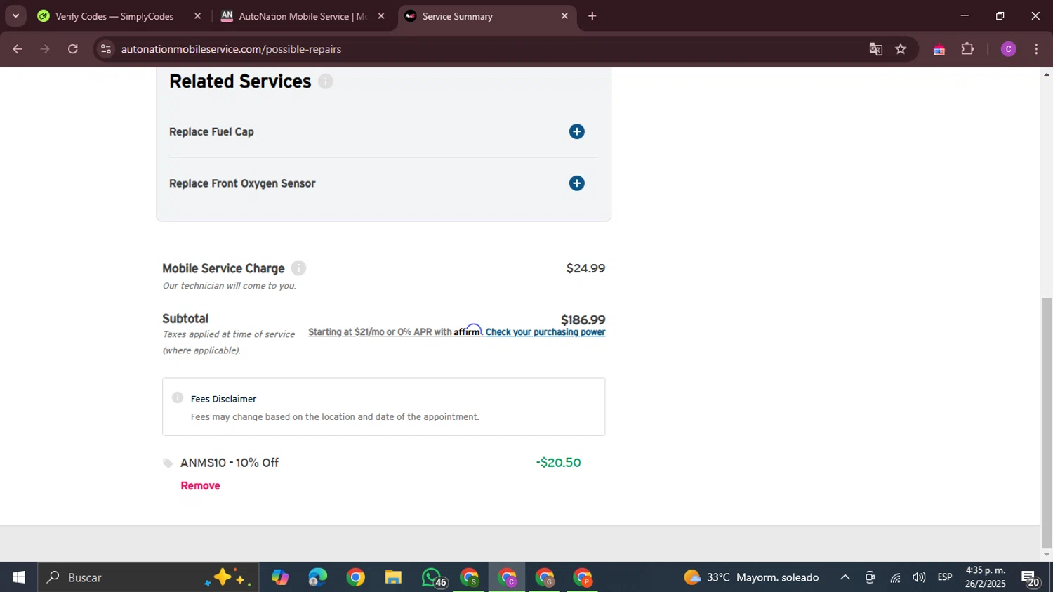 AutoNation checkout page showing AutoNation promo code box | Screenshot taken by SimplyCodes community member on Feb 26, 2025