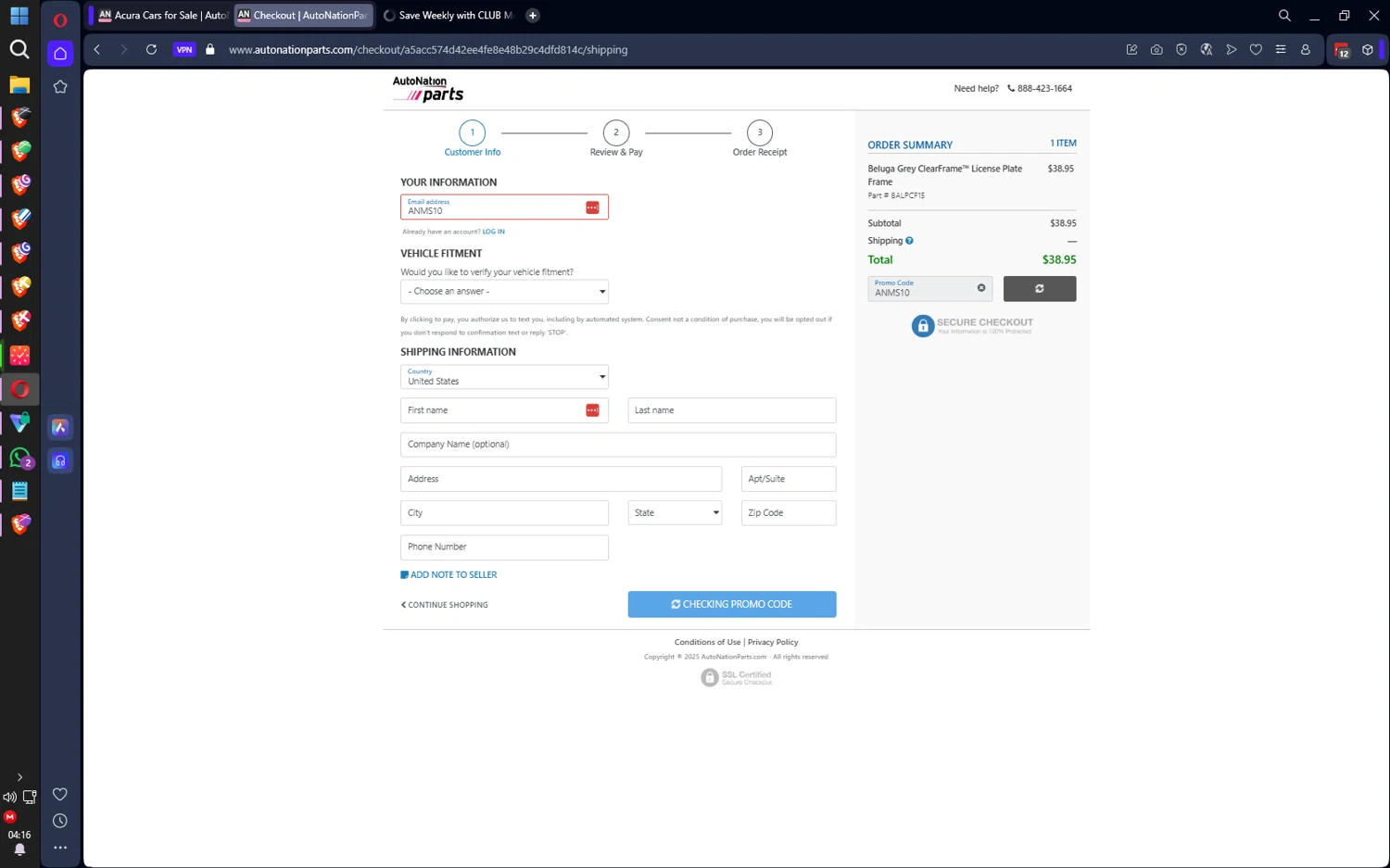 AutoNation promo code screenshot showing code ANMS10 applied at AutoNation checkout page. Uploaded by SimplyCodes community member IronMind4607 on Dec 18, 2025