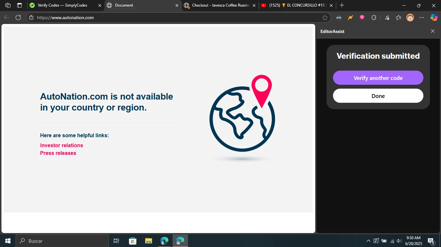 AutoNation promo code screenshot showing code MATCH10 applied at AutoNation checkout page. Uploaded by SimplyCodes community member Blackleg_Sanji on Jun 28, 2025