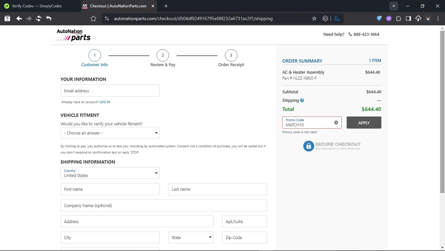 AutoNation promo code screenshot showing code MATCH10 applied at AutoNation checkout page. Uploaded by SimplyCodes community member BudgetCollector3125 on Jun 28, 2025