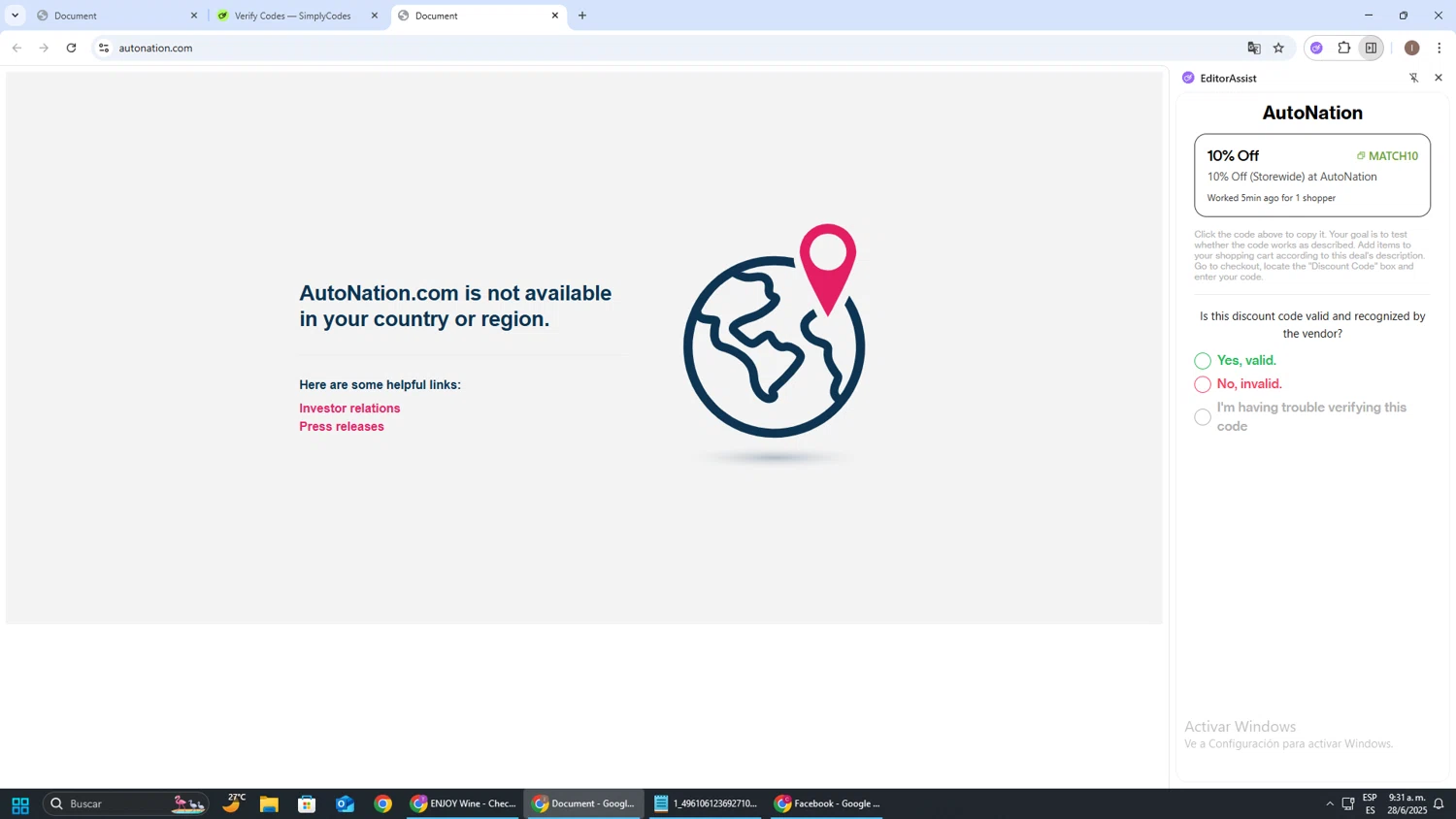 AutoNation promo code screenshot showing code MATCH10 applied at AutoNation checkout page. Uploaded by SimplyCodes community member pequenokalvin5 on Jun 28, 2025