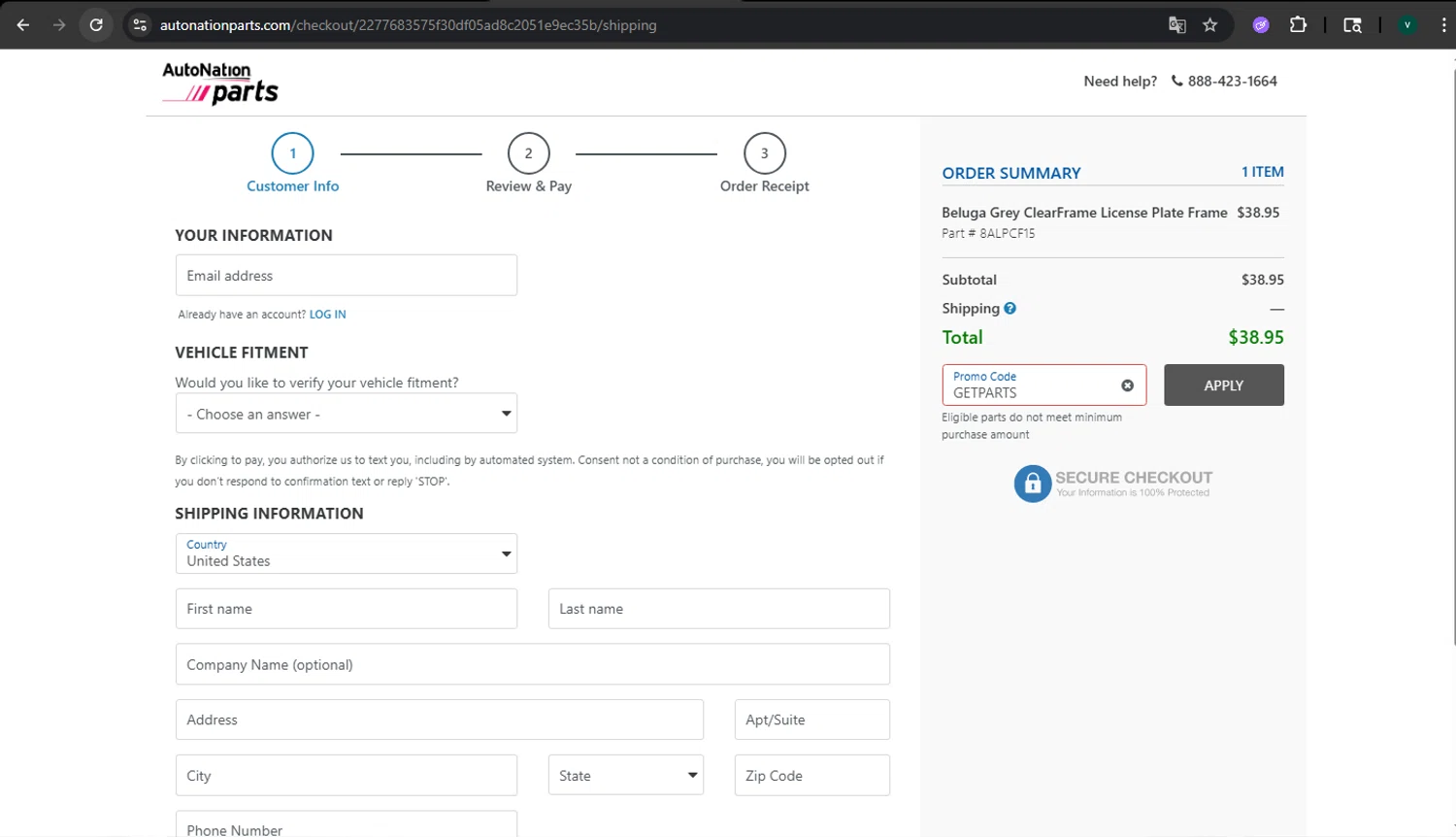 AutoNation promo code screenshot showing code GETPARTS applied at AutoNation checkout page. Uploaded by SimplyCodes community member MightyLynx459 on Feb 3, 2026