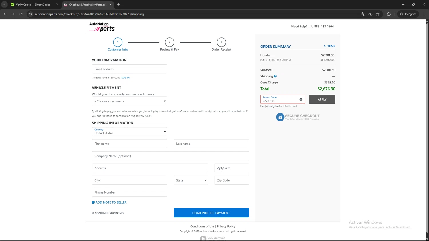 AutoNation Parts promo code screenshot showing code Care10 applied at AutoNation Parts checkout page. Uploaded by SimplyCodes community member SAIKOO on Aug 4, 2025