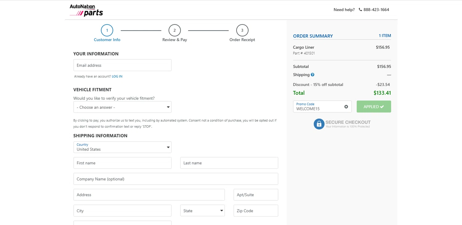 AutoNation Parts promo code screenshot showing code WELCOME15 applied at AutoNation Parts checkout page. Uploaded by SimplyCodes community member dimitriv on Oct 11, 2025