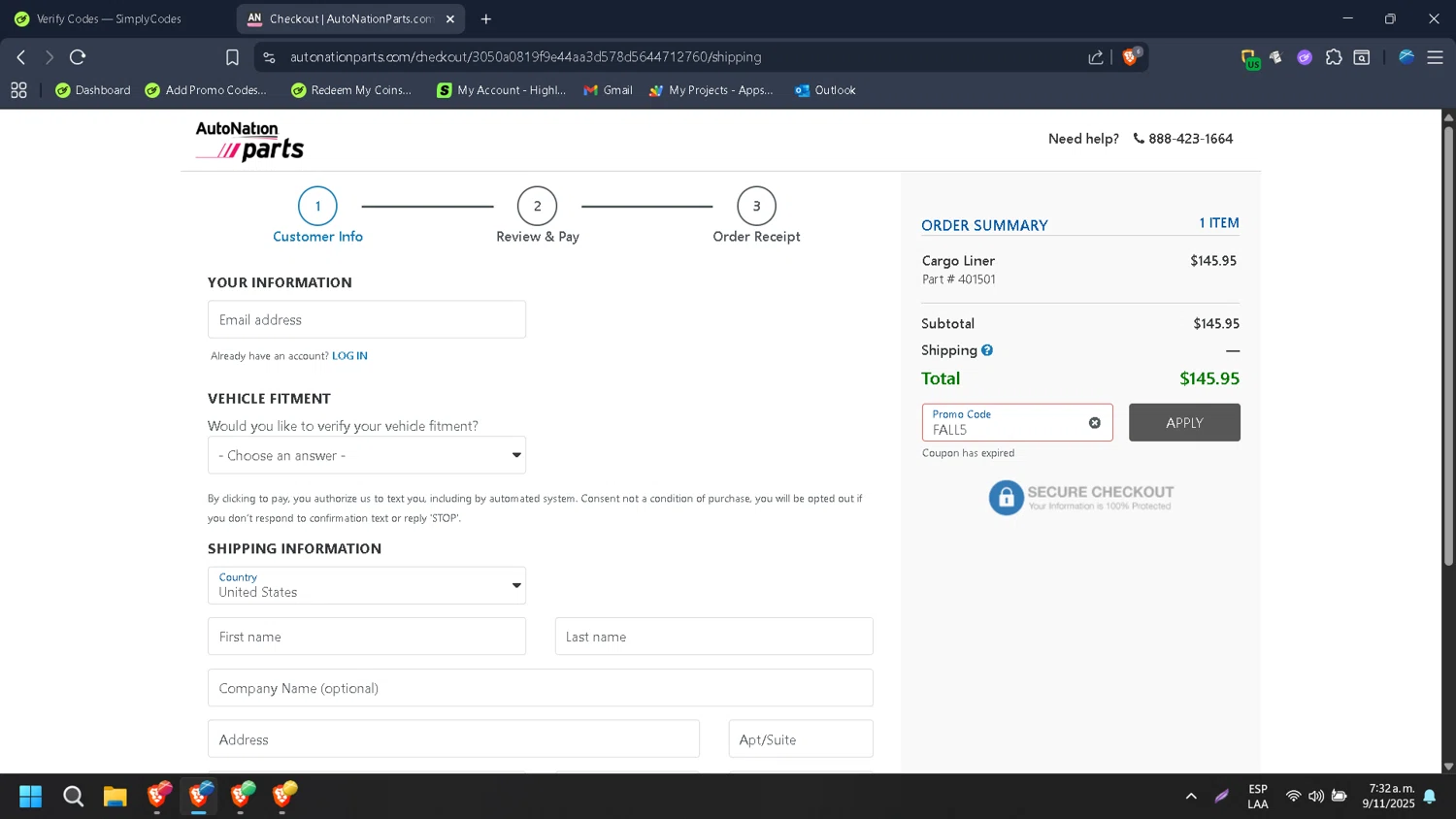 AutoNation Parts promo code screenshot showing code FALL5 applied at AutoNation Parts checkout page. Uploaded by SimplyCodes community member HugoChavez1 on Nov 9, 2025