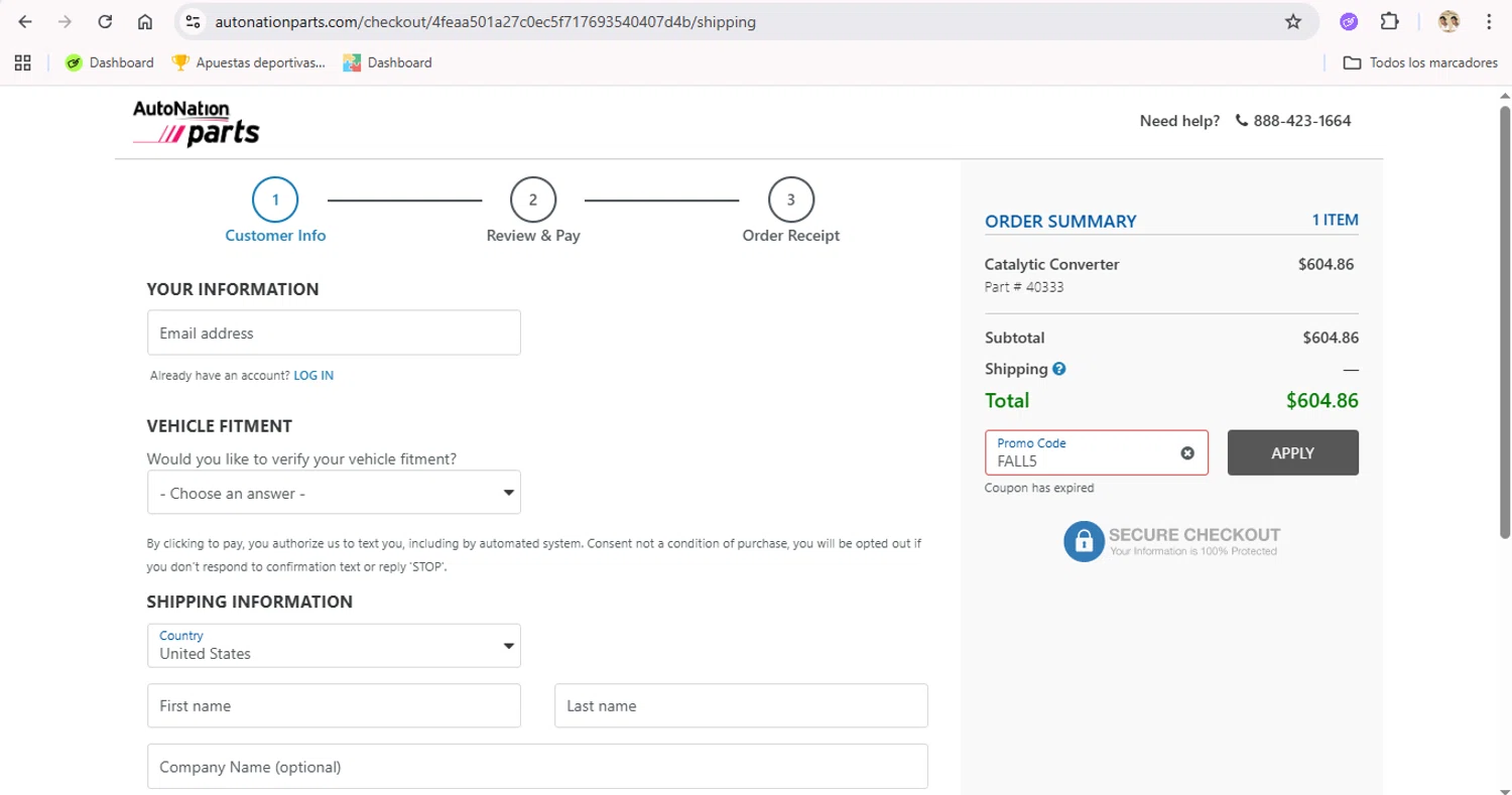 AutoNation Parts promo code screenshot showing code FALL5 applied at AutoNation Parts checkout page. Uploaded by SimplyCodes community member LegendaryTitan9160 on Nov 9, 2025