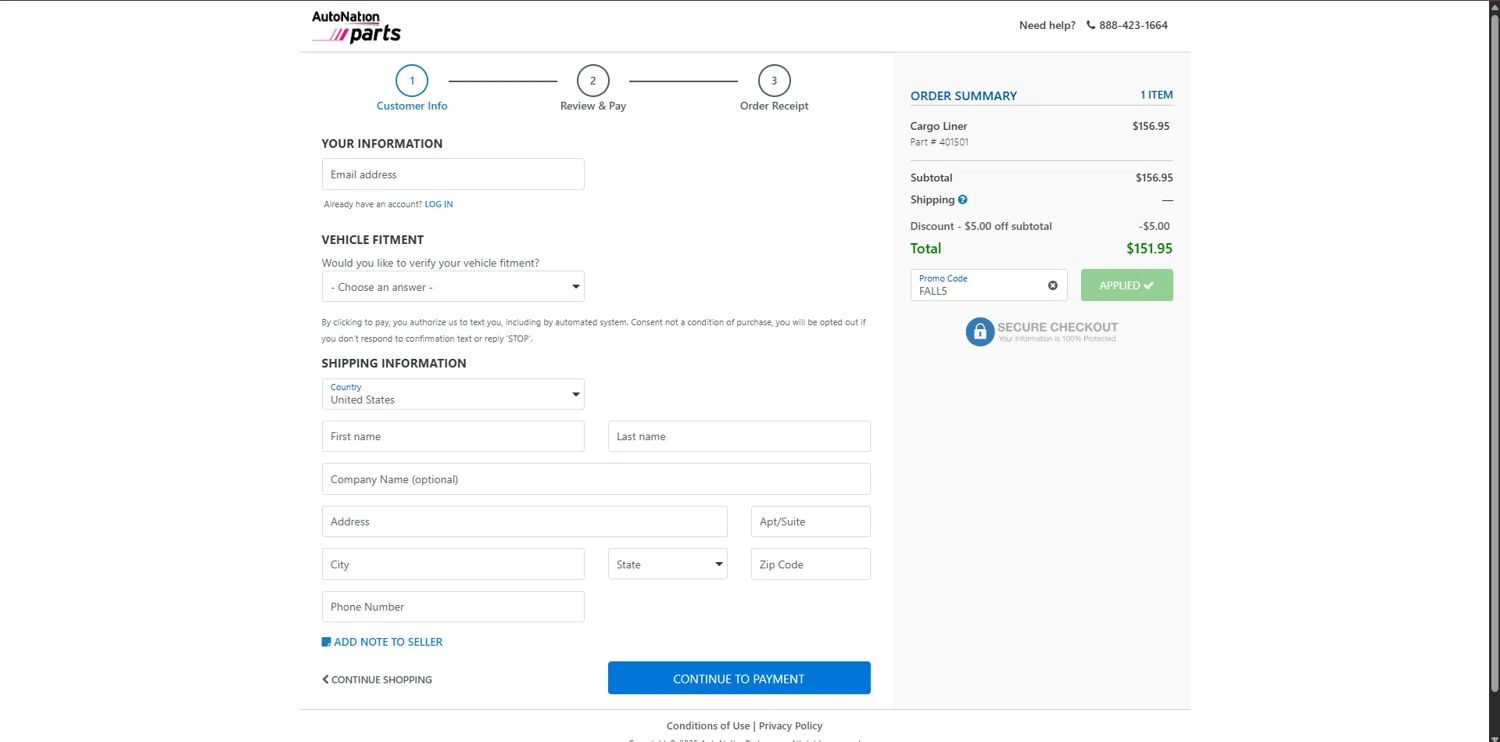 AutoNation Parts promo code screenshot showing code FALL5 applied at AutoNation Parts checkout page. Uploaded by SimplyCodes community member RebatePioneer1295 on Oct 11, 2025