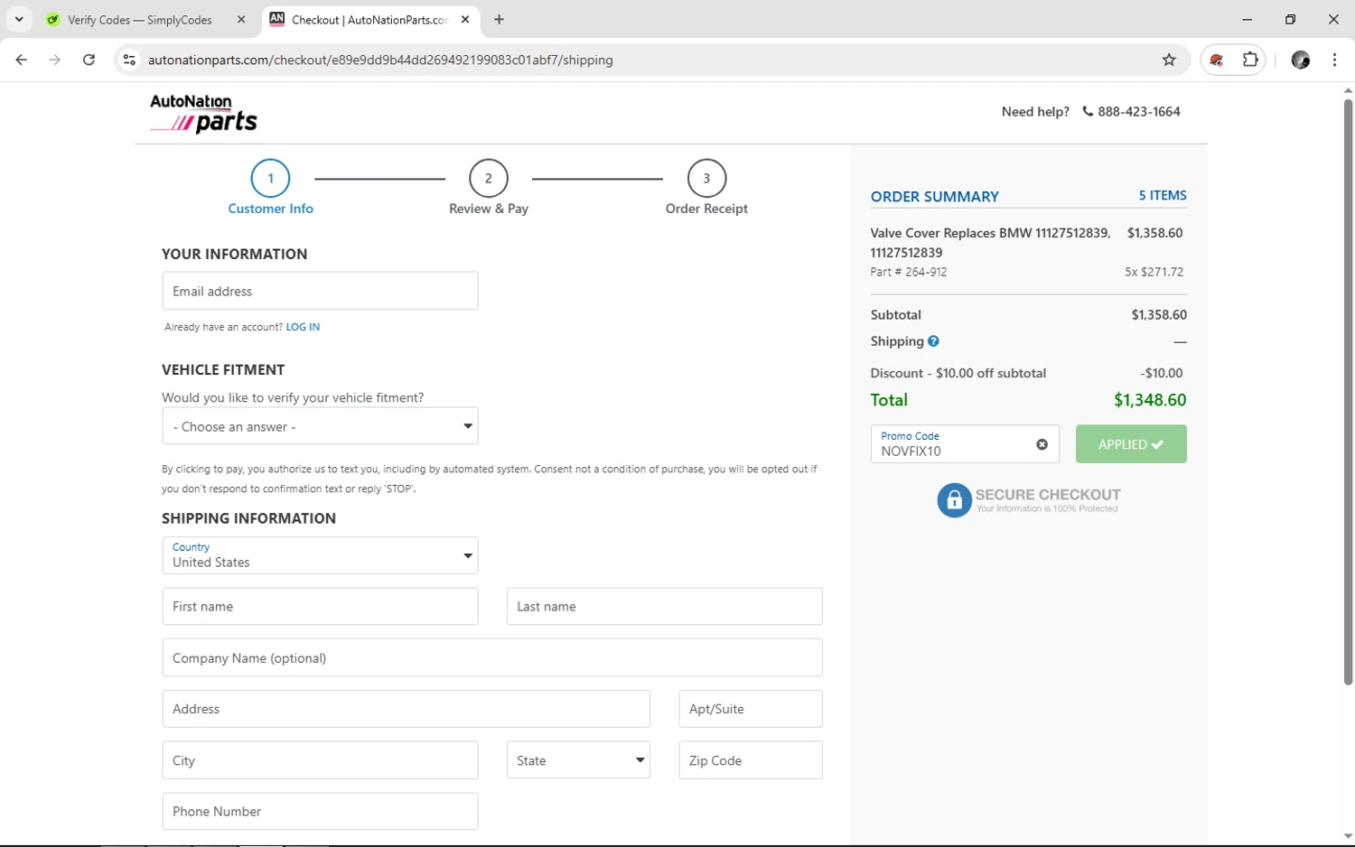 AutoNation Parts checkout page showing AutoNation Parts promo code box | Screenshot taken by SimplyCodes community member on Nov 10, 2025