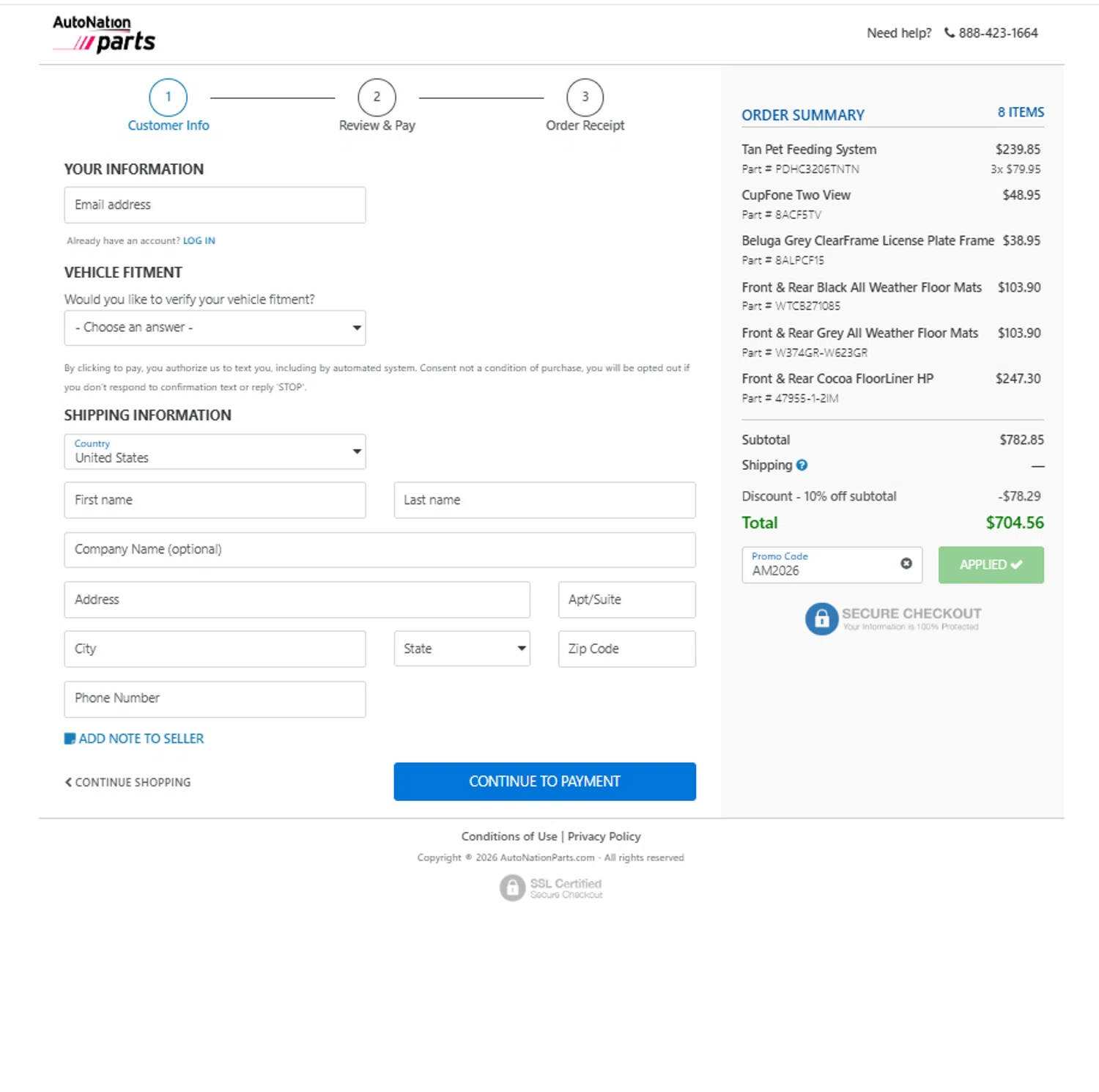 AutoNation Parts promo code screenshot showing code AM2026 applied at AutoNation Parts checkout page. Uploaded by SimplyCodes community member reggiesmith on Jan 6, 2026