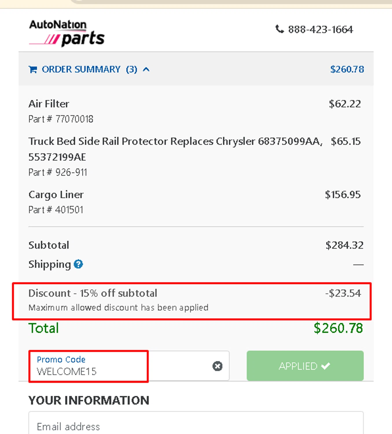 AutoNation Parts promo code screenshot showing code WELCOME15 applied at AutoNation Parts checkout page. Uploaded by SimplyCodes community member AMANDA2681 on Sep 13, 2025