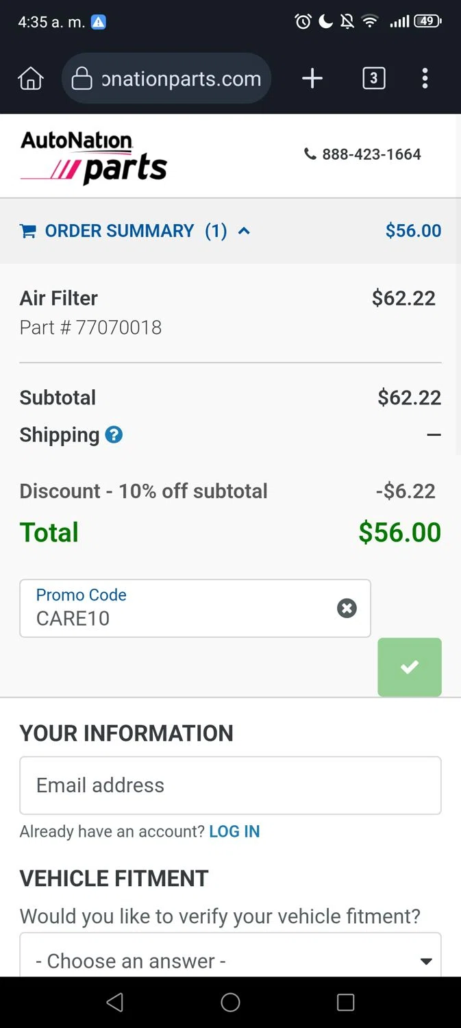 AutoNation Parts promo code screenshot showing code Care10 applied at AutoNation Parts checkout page. Uploaded by SimplyCodes community member George07 on Aug 4, 2025