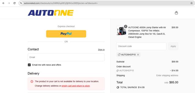 AUTOONE checkout page showing AUTOONE promo code box | Screenshot taken by SimplyCodes community member on Sep 14, 2025
