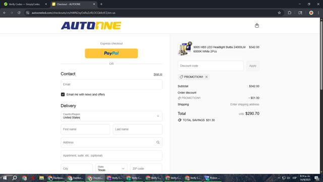 AUTOONE checkout page showing AUTOONE promo code box | Screenshot taken by SimplyCodes community member on Sep 14, 2025
