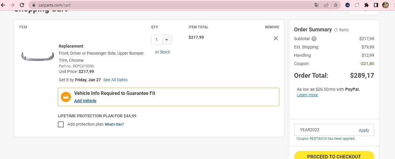 Auto Parts Train checkout page showing Auto Parts Train promo code box | Screenshot taken by SimplyCodes community member on Jan 25, 2023
