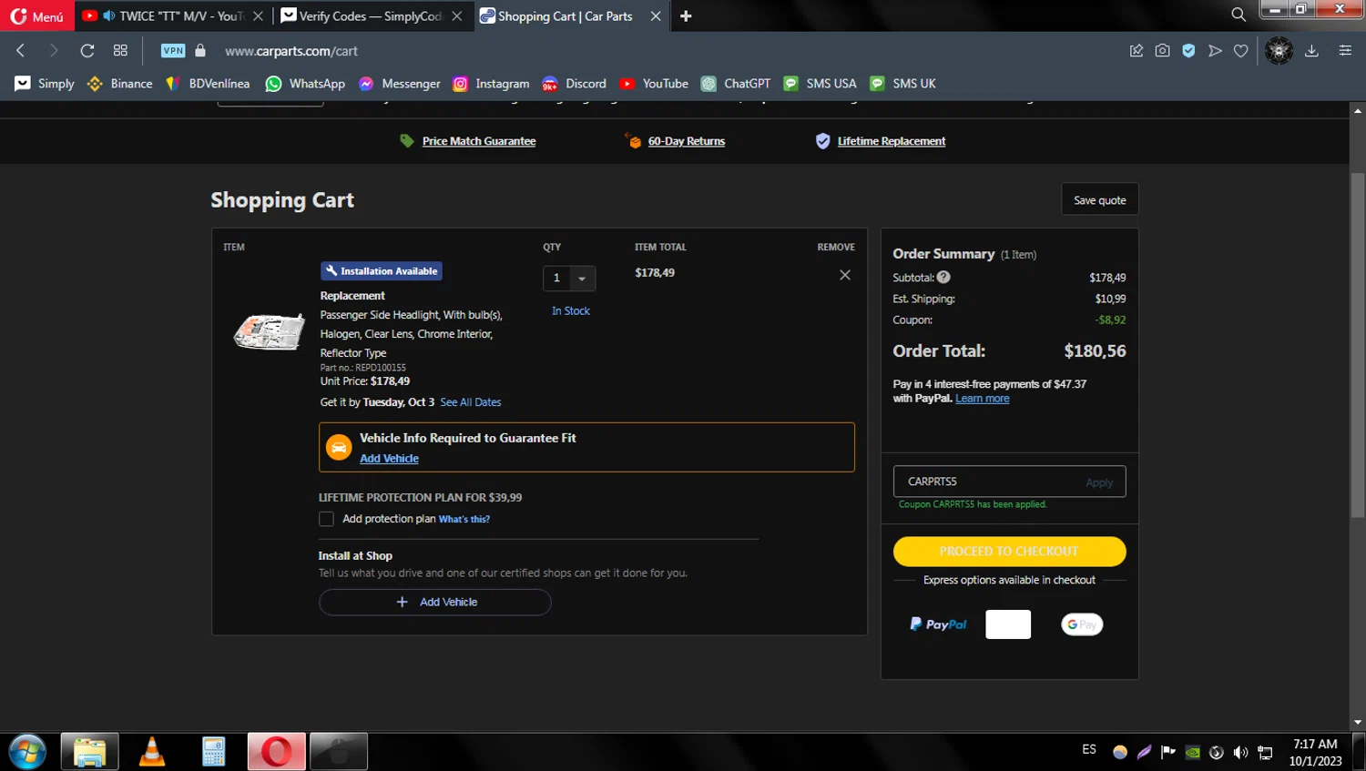 Auto Parts Train checkout page showing Auto Parts Train promo code box | Screenshot taken by SimplyCodes community member on Oct 1, 2023