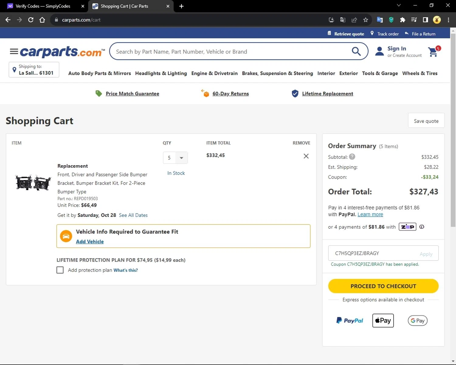 Auto Parts Train checkout page showing Auto Parts Train promo code box | Screenshot taken by SimplyCodes community member on Oct 26, 2023