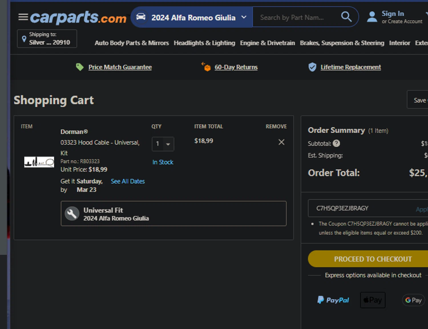 Auto Parts Train checkout page showing Auto Parts Train promo code box | Screenshot taken by SimplyCodes community member on Mar 19, 2024