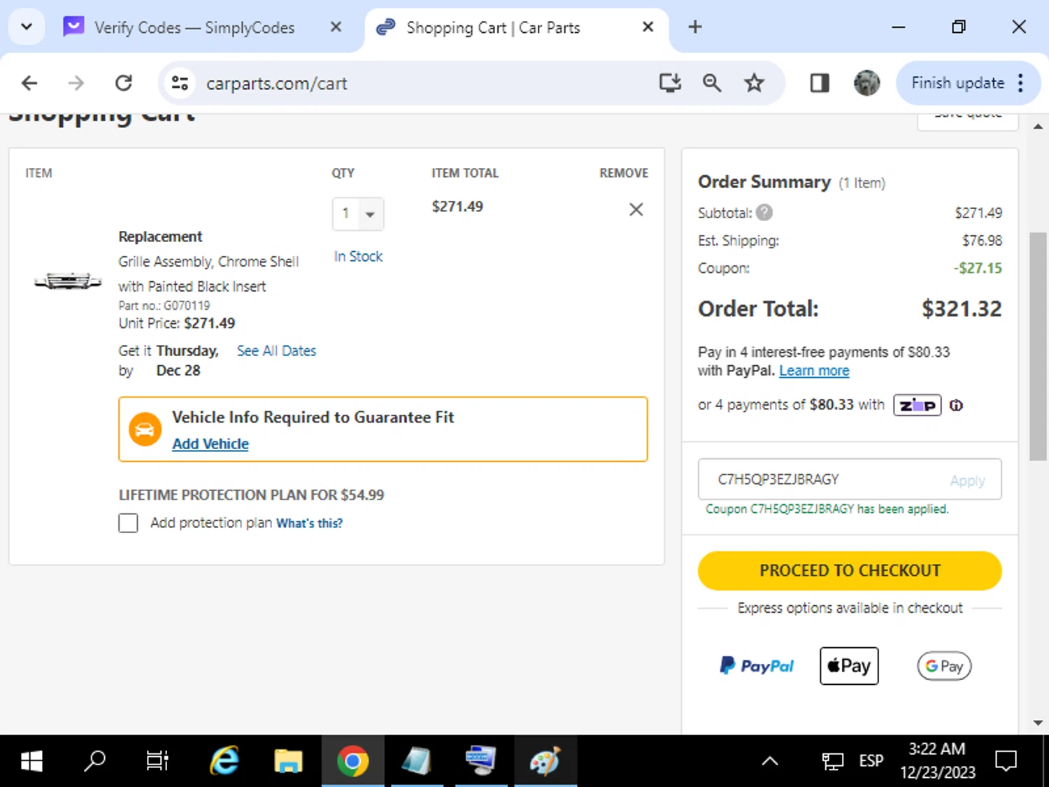 Auto Parts Train checkout page showing Auto Parts Train promo code box | Screenshot taken by SimplyCodes community member on Dec 23, 2023