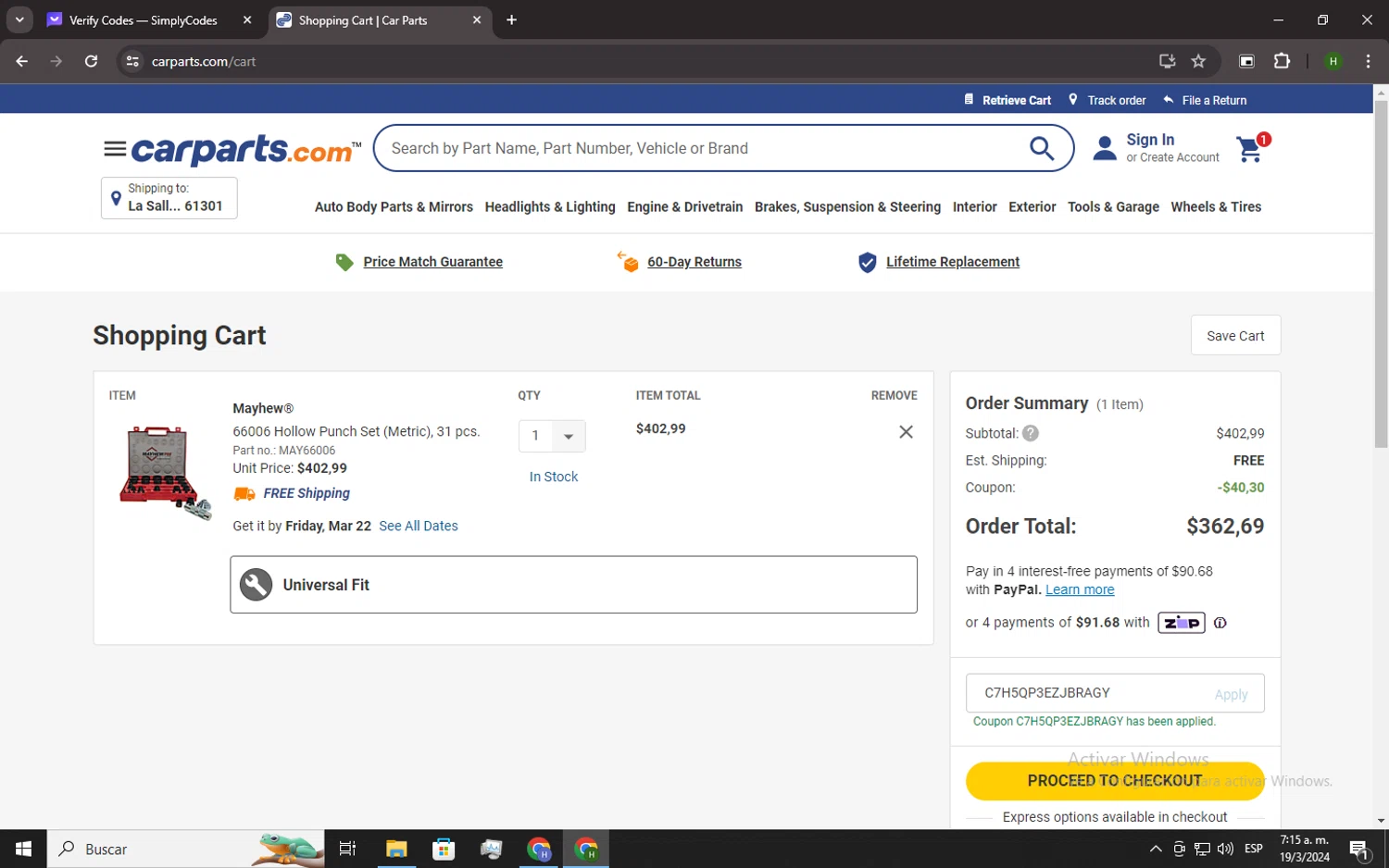 Auto Parts Train checkout page showing Auto Parts Train promo code box | Screenshot taken by SimplyCodes community member on Mar 19, 2024