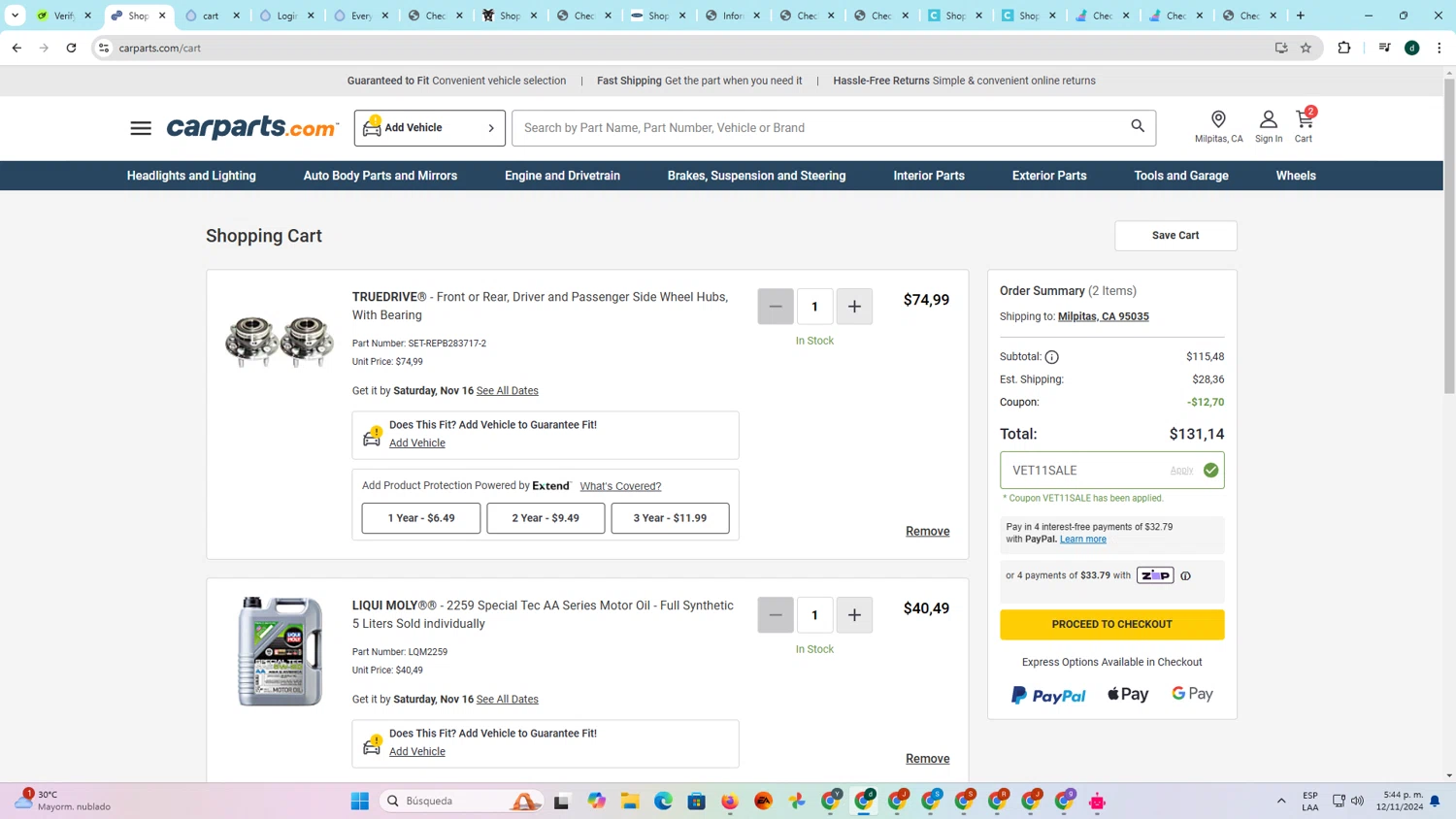 Auto Parts Train checkout page showing Auto Parts Train promo code box | Screenshot taken by SimplyCodes community member on Nov 12, 2024