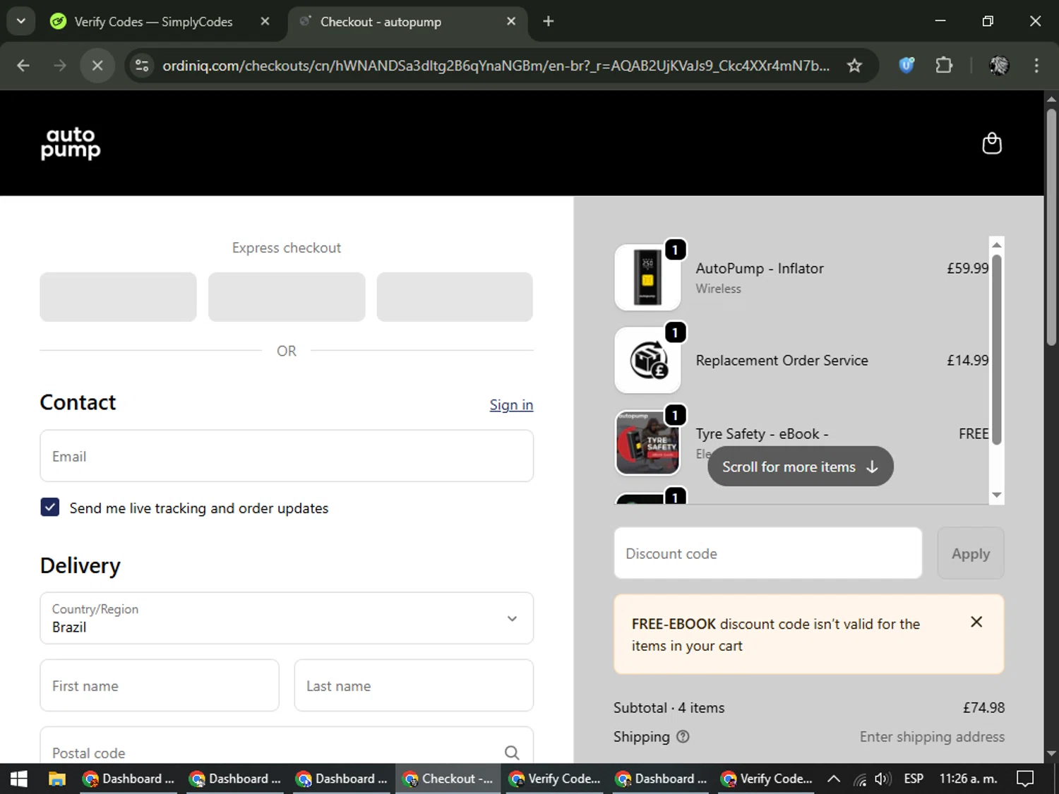 autopump promo code screenshot showing code FREE-EBOOK applied at autopump checkout page. Uploaded by SimplyCodes community member PrimeKnight6101 on Mar 28, 2026