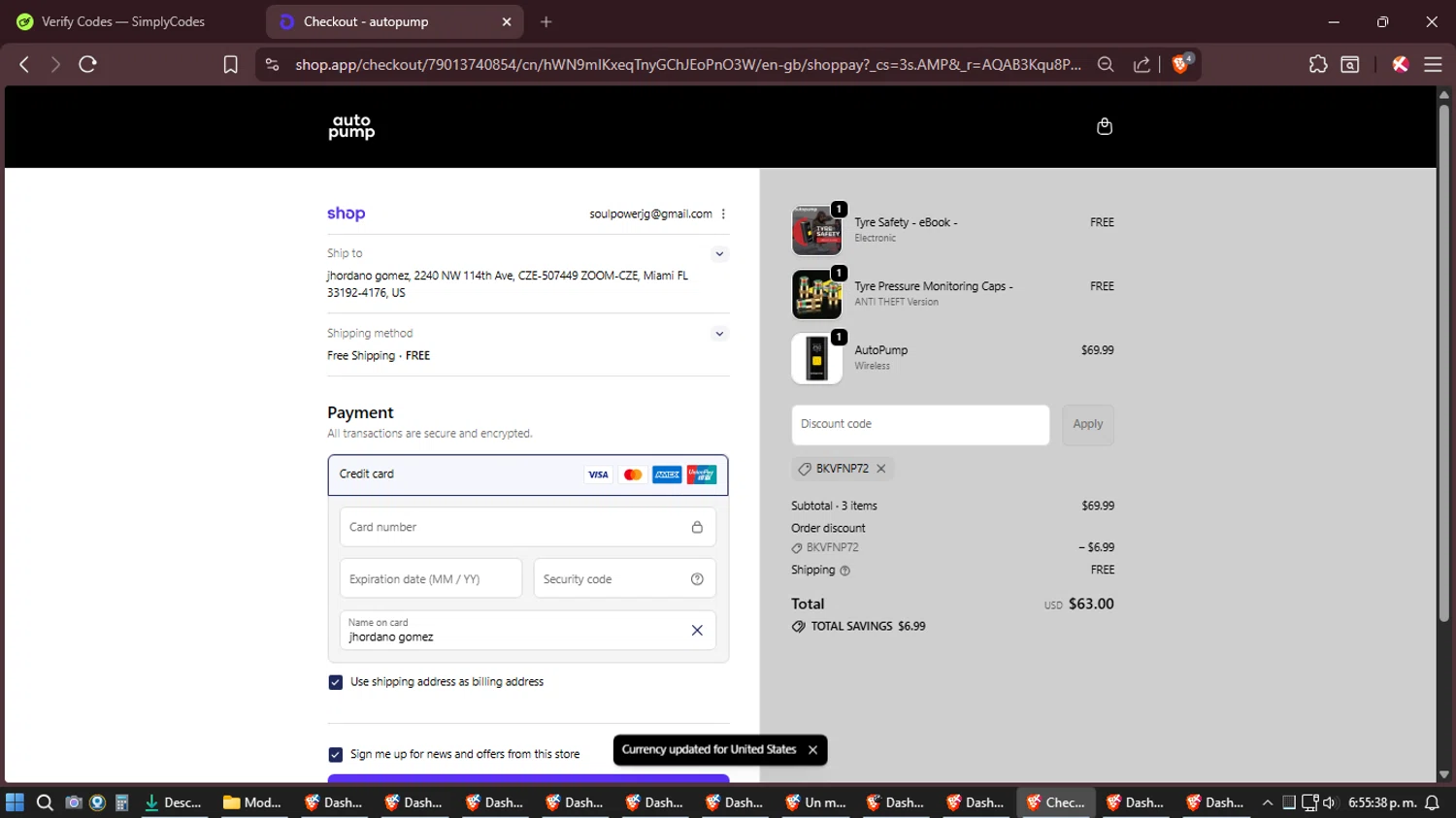 autopump promo code screenshot showing code BKVFNP72 applied at autopump checkout page. Uploaded by SimplyCodes community member Amidamaru on Mar 12, 2026