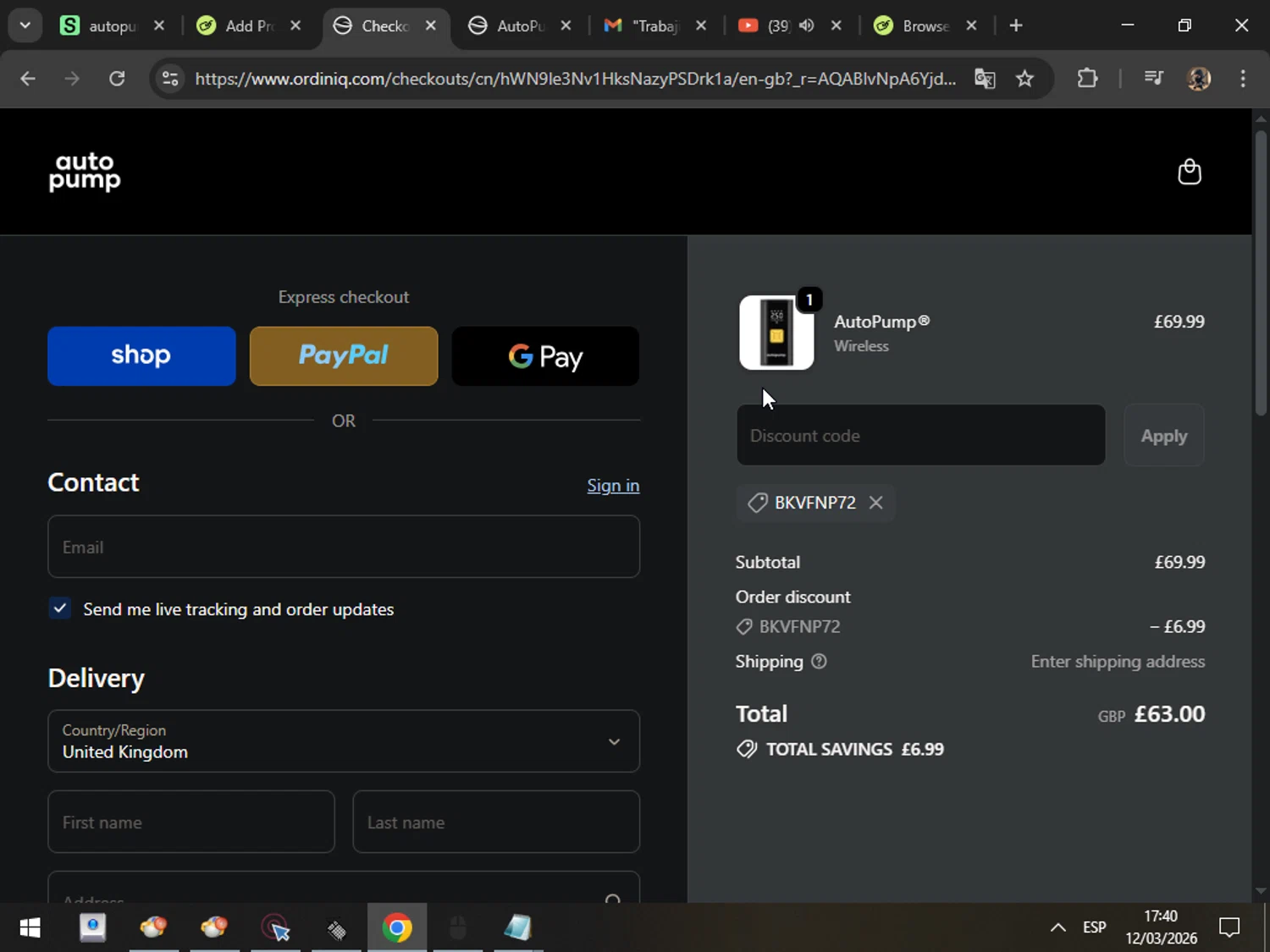 autopump promo code screenshot showing code BKVFNP72 applied at autopump checkout page. Uploaded by SimplyCodes community member MarcosAranguren on Mar 12, 2026
