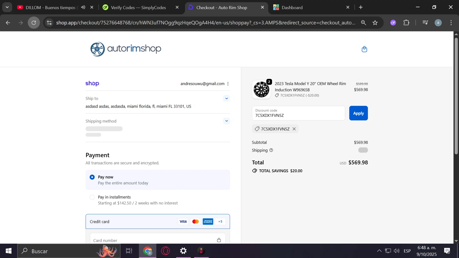 Auto Rim Shop discount code screenshot showing code 7C5XDX1FVN5Z applied at Auto Rim Shop checkout page. Uploaded by SimplyCodes community member Anderson on Oct 9, 2025