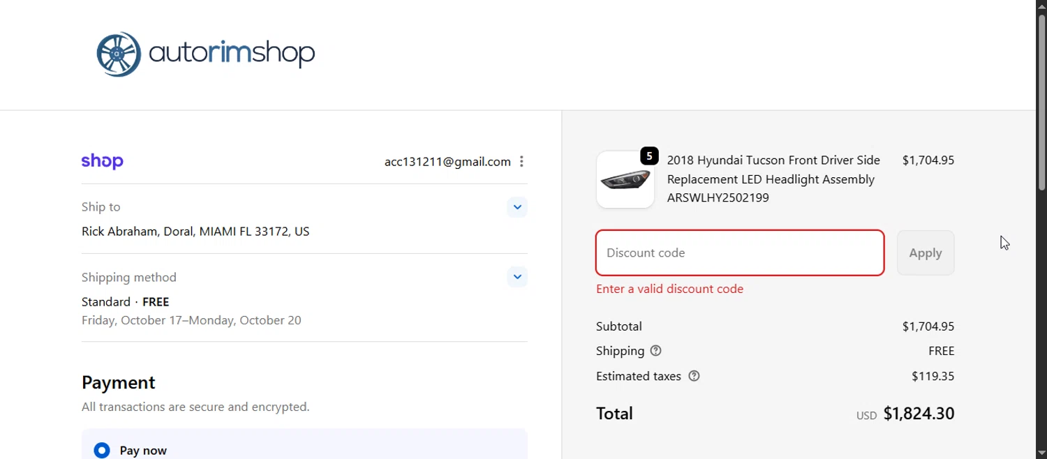 Auto Rim Shop discount code screenshot showing code ACI20G6 applied at Auto Rim Shop checkout page. Uploaded by SimplyCodes community member varusitochambeador3 on Oct 14, 2025