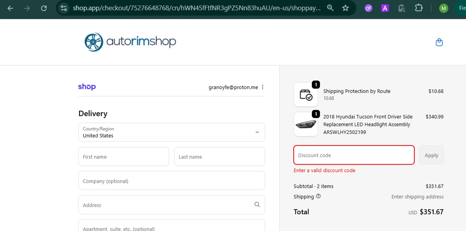 Auto Rim Shop discount code screenshot showing code ACI20G6 applied at Auto Rim Shop checkout page. Uploaded by SimplyCodes community member MARCVH on Oct 14, 2025