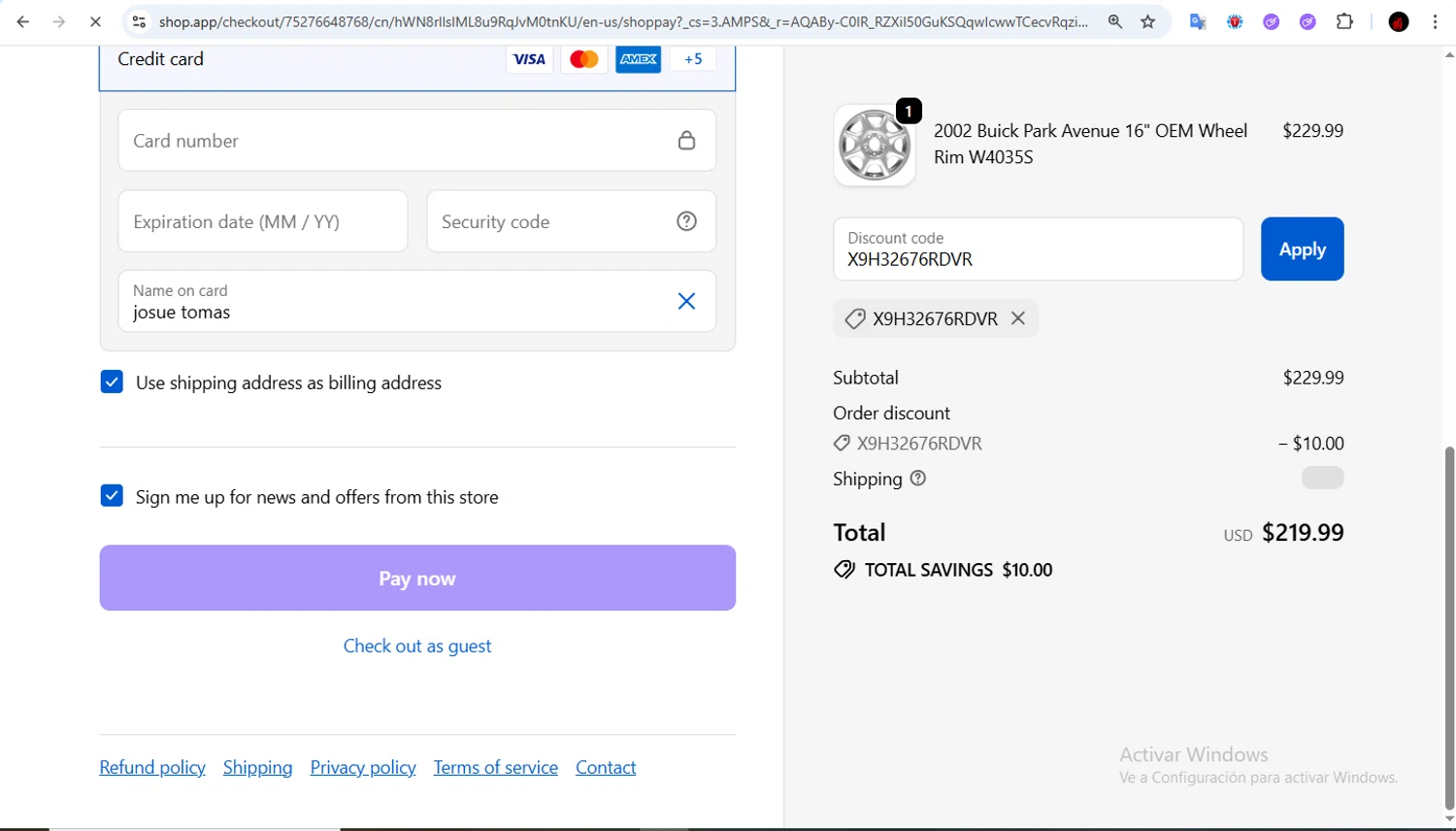 Auto Rim Shop discount code screenshot showing code X9H32676RDVR applied at Auto Rim Shop checkout page. Uploaded by SimplyCodes community member Francisco01 on Feb 16, 2026