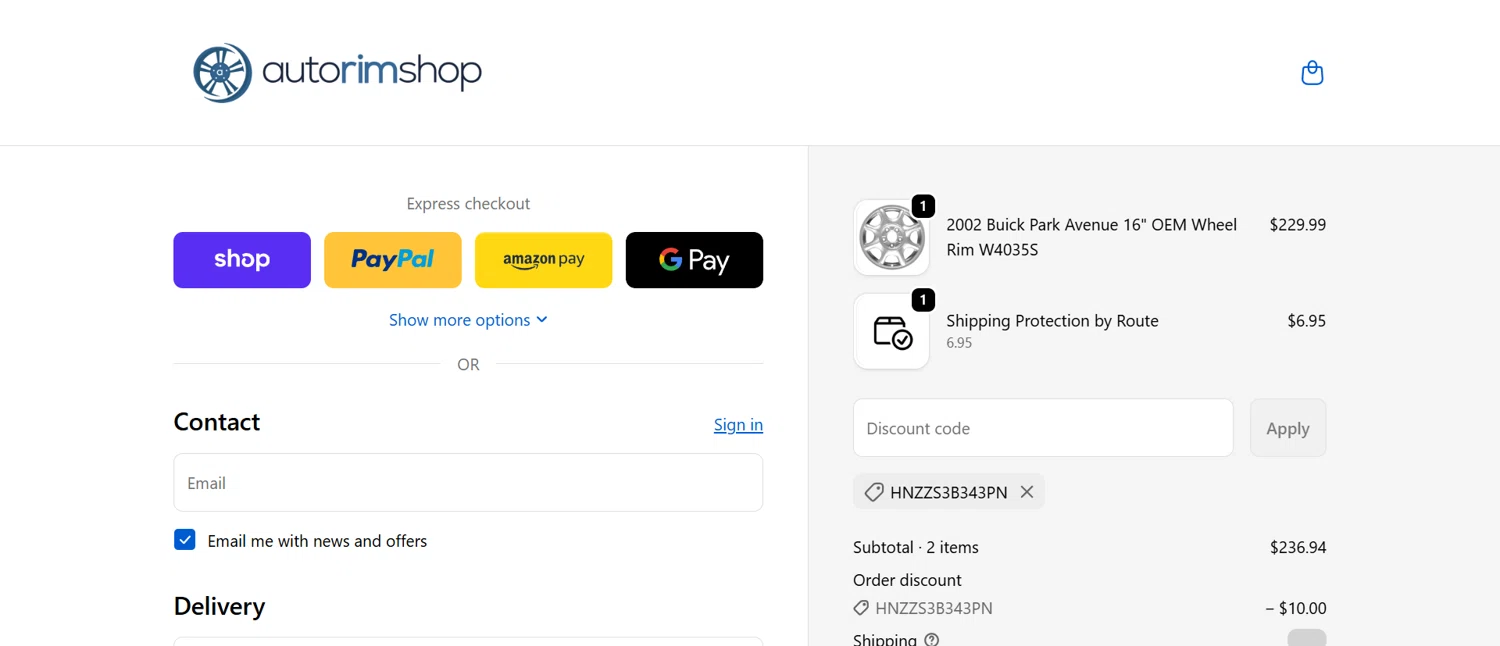 Auto Rim Shop discount code screenshot showing code HNZZS3B343PN applied at Auto Rim Shop checkout page. Uploaded by SimplyCodes community member Dorothy on Oct 16, 2025