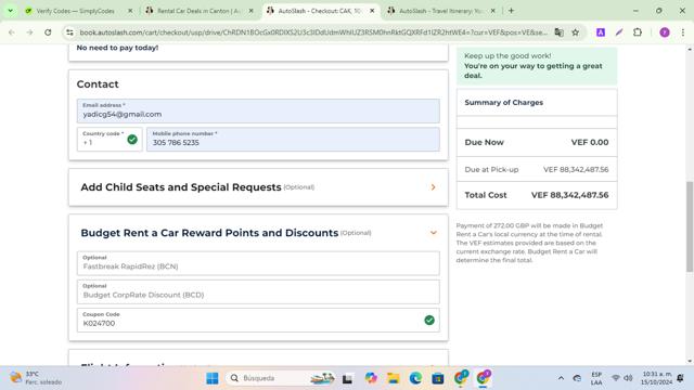 AutoSlash checkout page showing AutoSlash discount code box | Screenshot taken by SimplyCodes community member on Oct 15, 2024